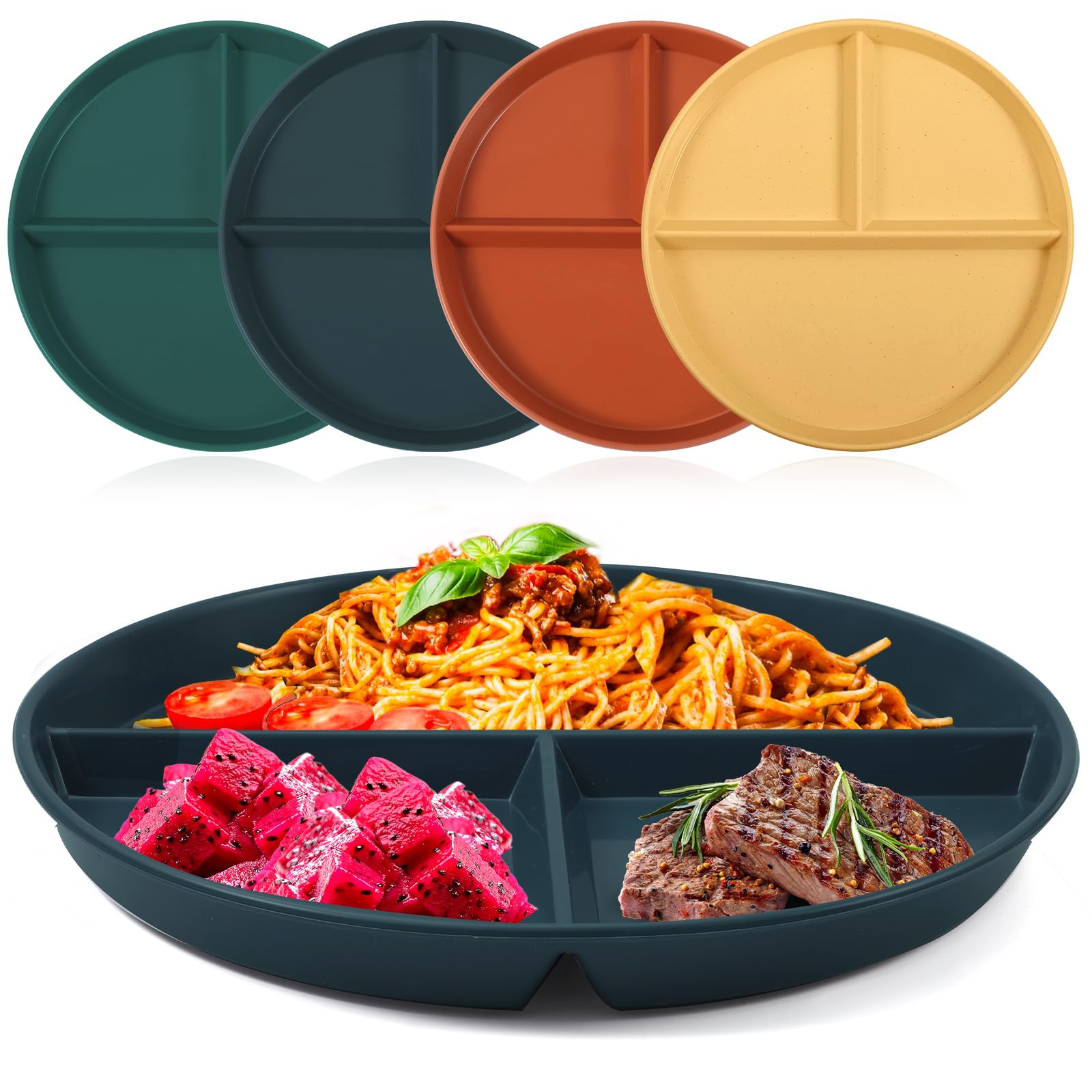 Lanjue 4Pcs Divided Dinner Plates, 9 inch Unbreakable Portion Control Divided Diet Plates Picnic Plates Microwave and Dishwasher Safe Dishes for Adult Children Kids
