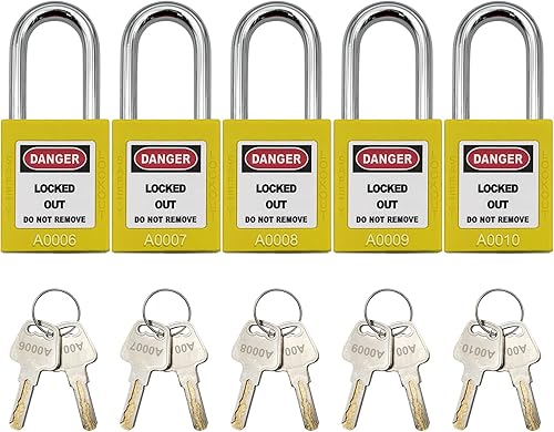 Vista 3 de SAFBY Loto - Candados seguros con 10 llaves para estaciones y dispositivos de bloqueo (amarillo, clave diferente)