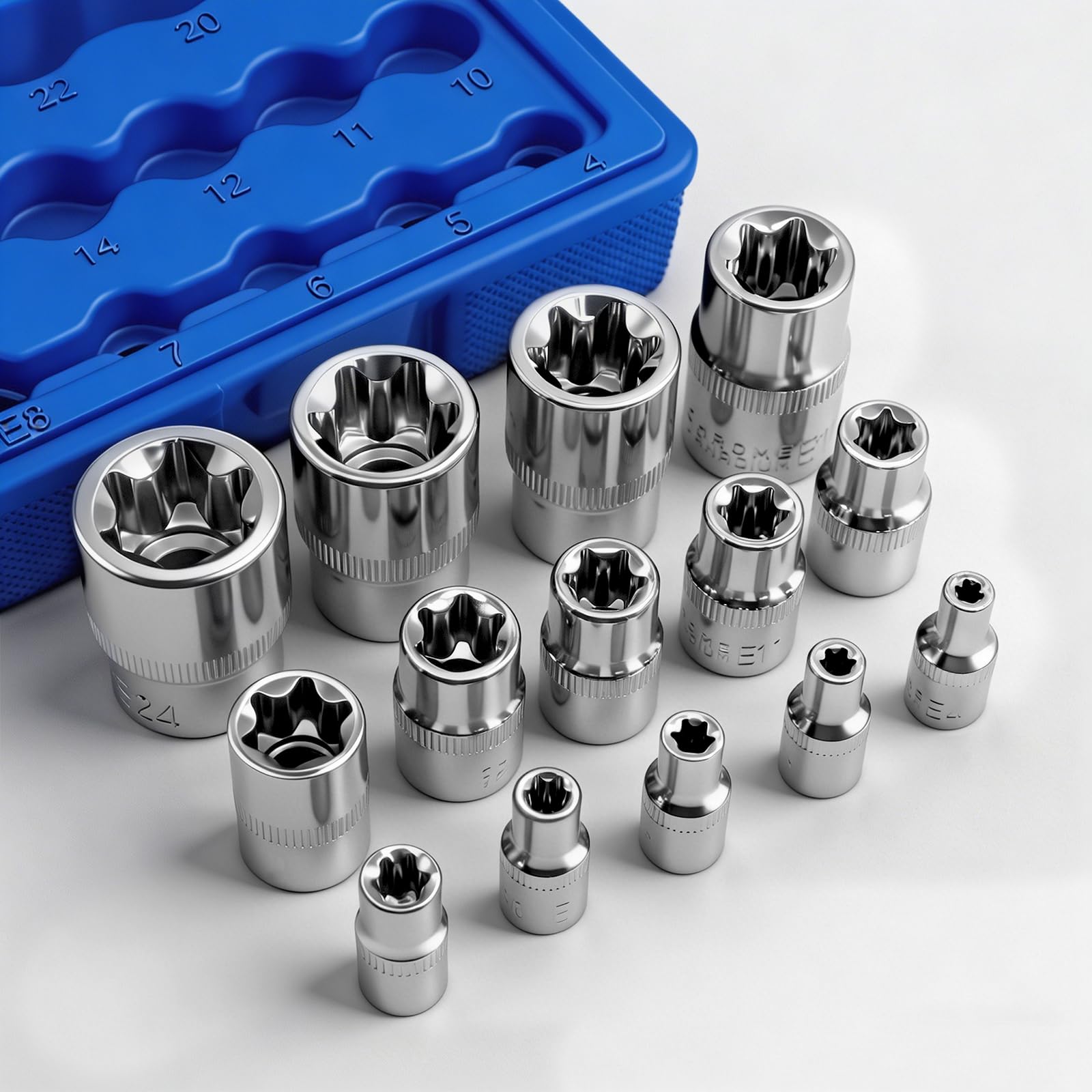 Set di chiavi a bussola Torx, set di bussole a stella esterna, set di chiavi a bussola con profilo E, con scatola di stoccaggio blu per bussole da 1/4, 3/8, 1/2 pollici