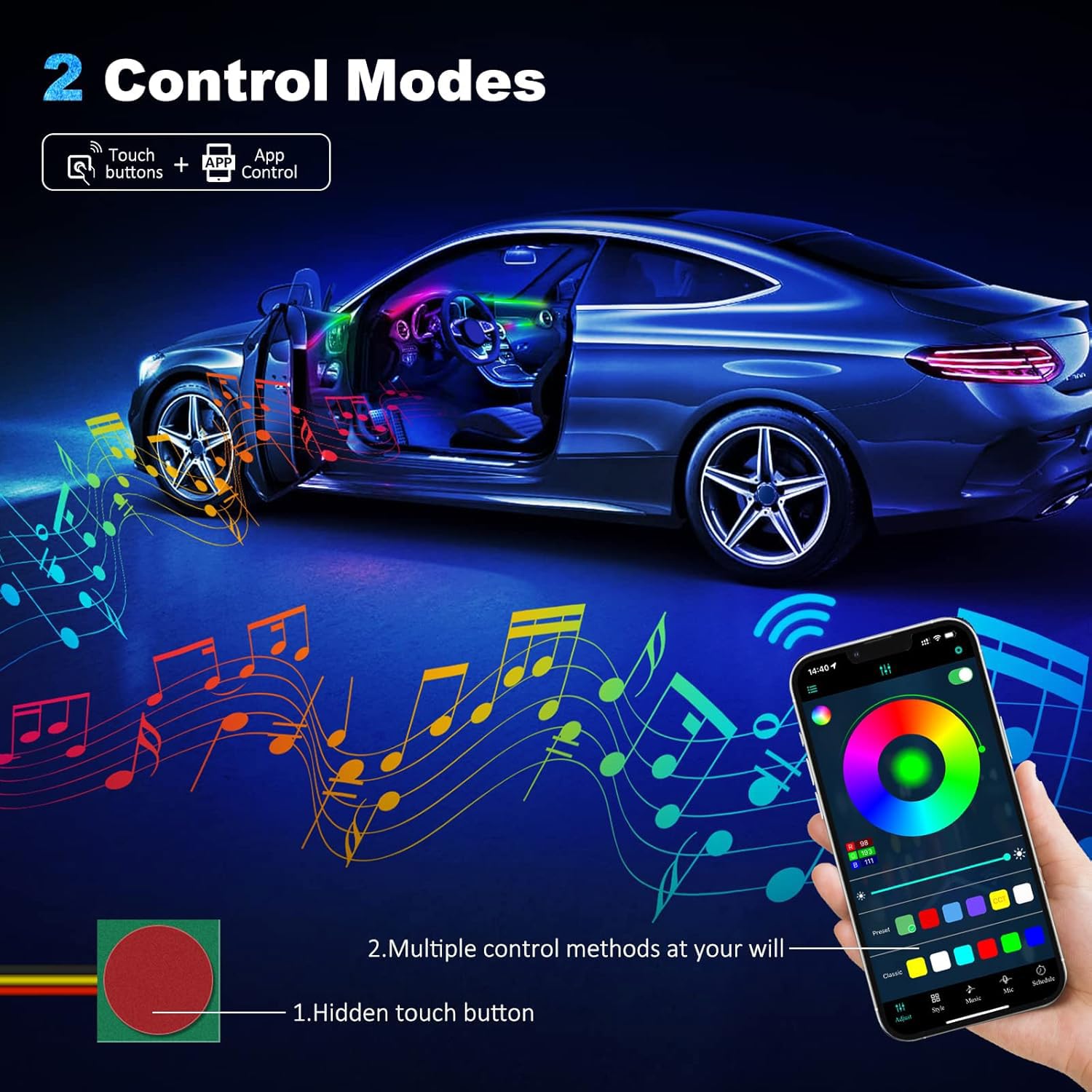 Striscia LED in materiale acrilico per interni auto, con app wireless, RGBIC Dreamcolor 2 in 1, kit di illuminazione d’ambiente, 16 milioni di colori, attivazione sonora, sincronizzata con la musica