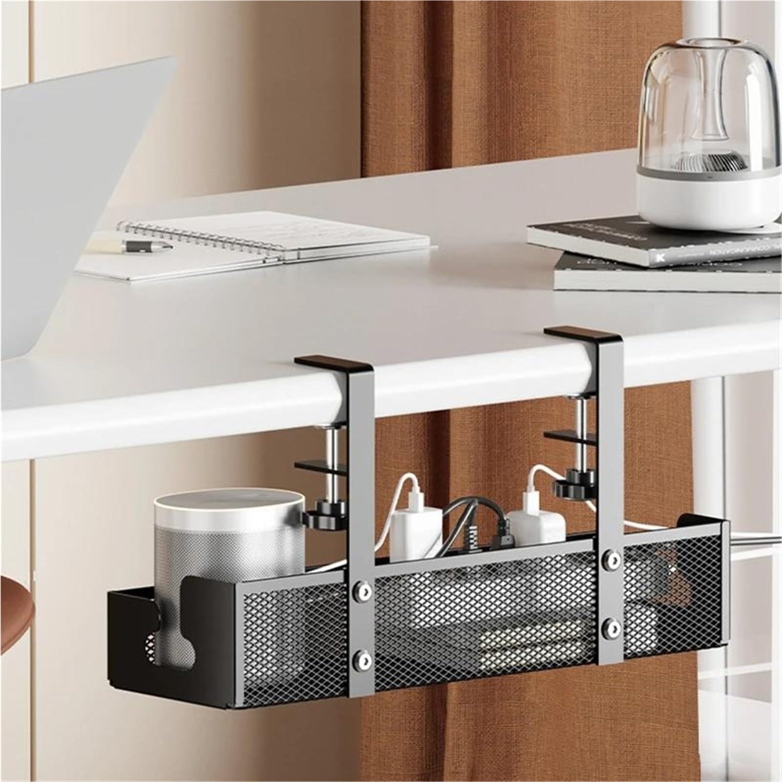 Kabelkanal Schreibtisch Untertisch-Aufbewahrungsregal, Metallkabel-Management-Tablett, Heimbüro, Schreibtisch, Draht-Organizer, ohne Stanzen, Küchenaufbewahrungszubehör(Black L 40cm)