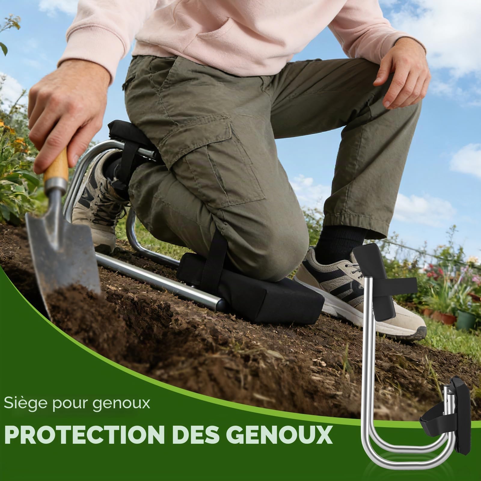 Banc à genoux alu stable avec protège-genoux & assise pour jardinage – Siège ergonomique pour sol & entretien, taille ca. 160–195 cm, idéal jardin, bâtiment, bricolage.
