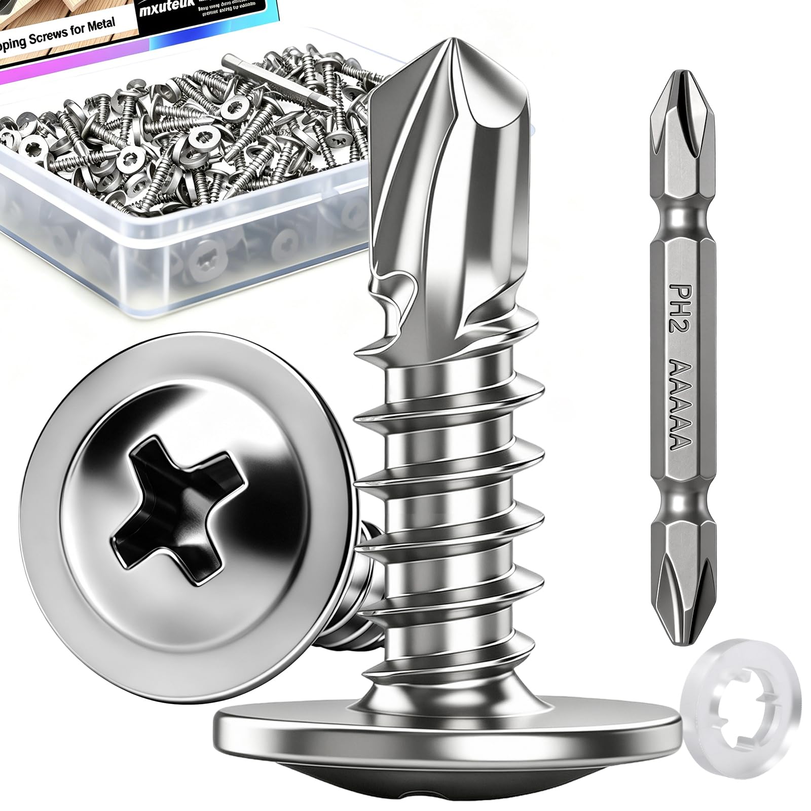 mxuteuk 230PCS #8 Self Tapping Screws for Metal,410 Stainless Steel Self Drilling Screws,1/2",5/8",3/4",1",1-1/4" Truss Head Sheet Metal Screws with Rubber Washers for Metal,Plastic,Wood(115pcs Sets) — Amazon image 22