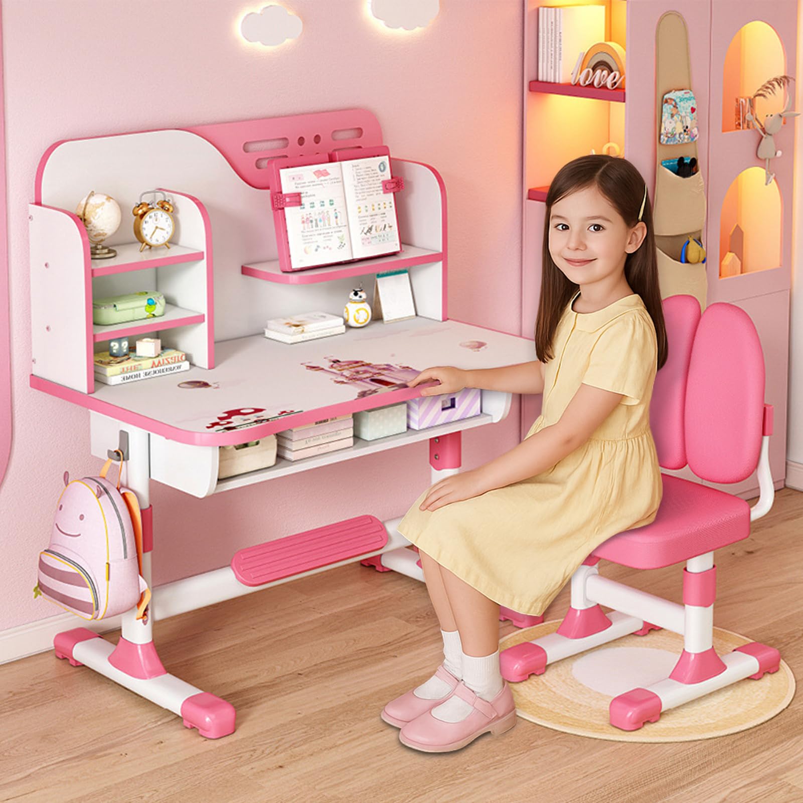 joukares Kids Study Desk Chair Set, Height Adjustable Children School Study Table Chair Set, Ergonomic Desk Chair with Large Writing Board, Bookshelf and Drawer, Birthday Gifts (Pink)
