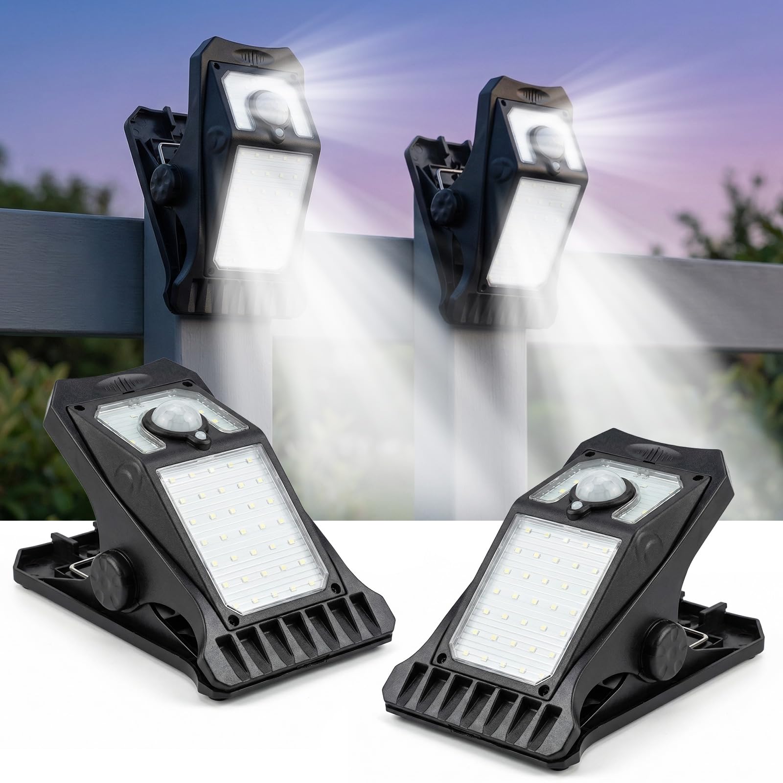 2 PCS Clip On Solar Light Outdoor, 1500mAh Solar Lights LED Motion Sensor, USB Rechargeable Solar Security Lights, Waterproof Atmosphere Decorative Lights for Garden, Fence, Patio, Camping ,Cold Light