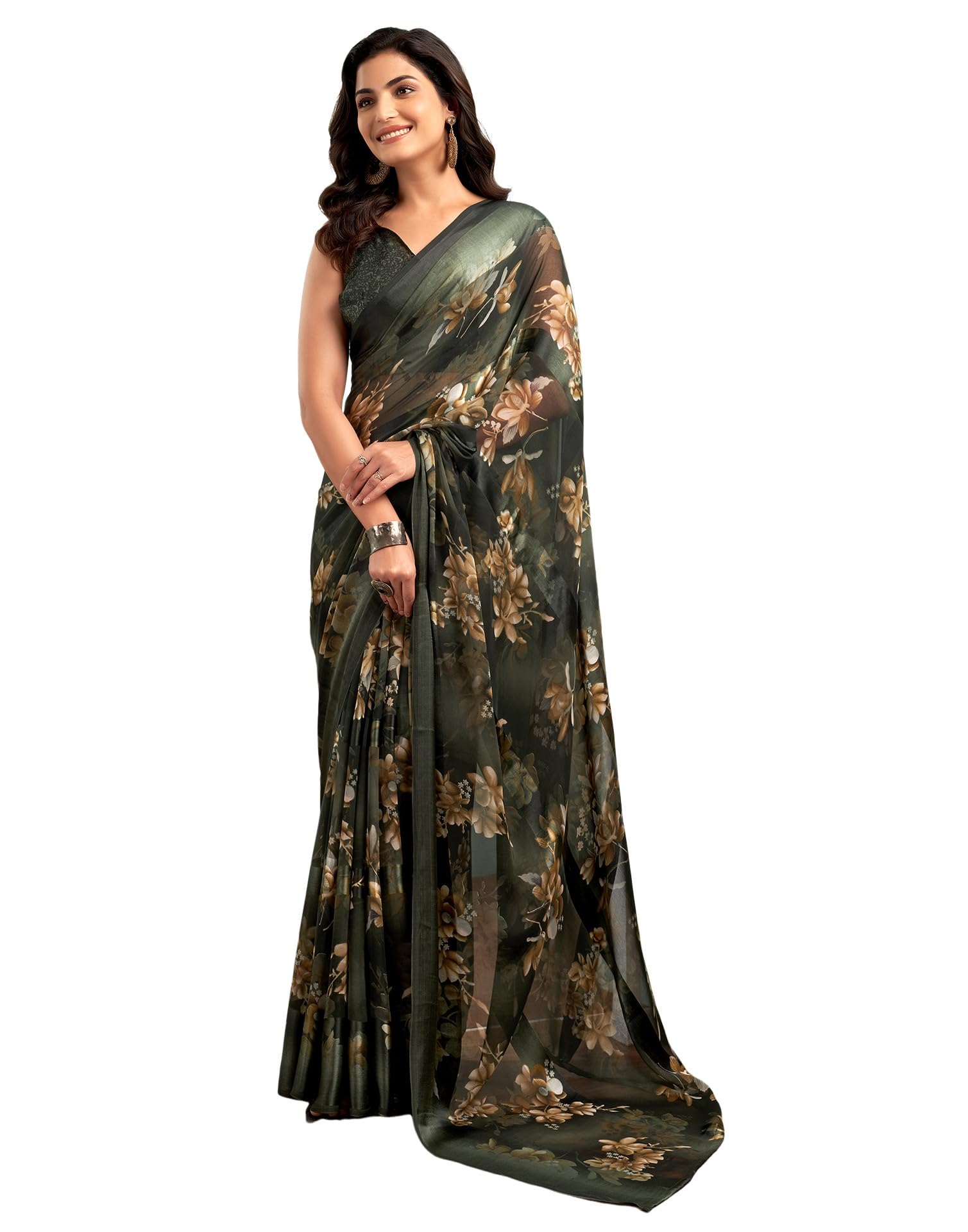 SIRIL Women's Georgette Floral Printed Saree With Unstitched Blouse Piece