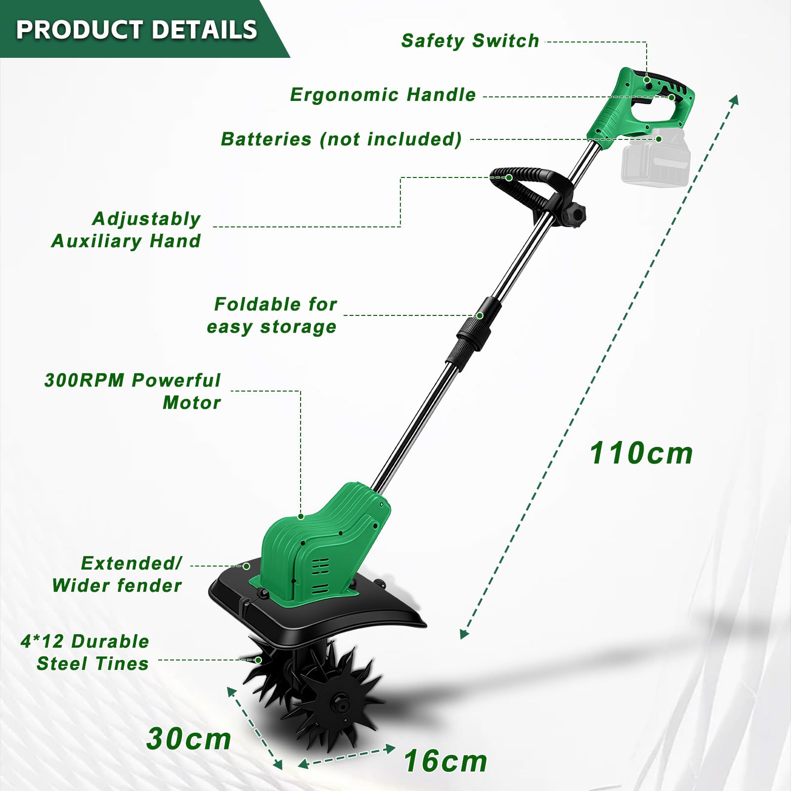 Akku-Bodenhacke für Makita 18V Akku, 650W Faltbar Gartenfräse Elektrisch, Bürstenloser Motor, 300 U/Min Geschwindigkeit, 16CM Arbeitstiefe und 30CM Arbeitsbreite (Ohne Akku)