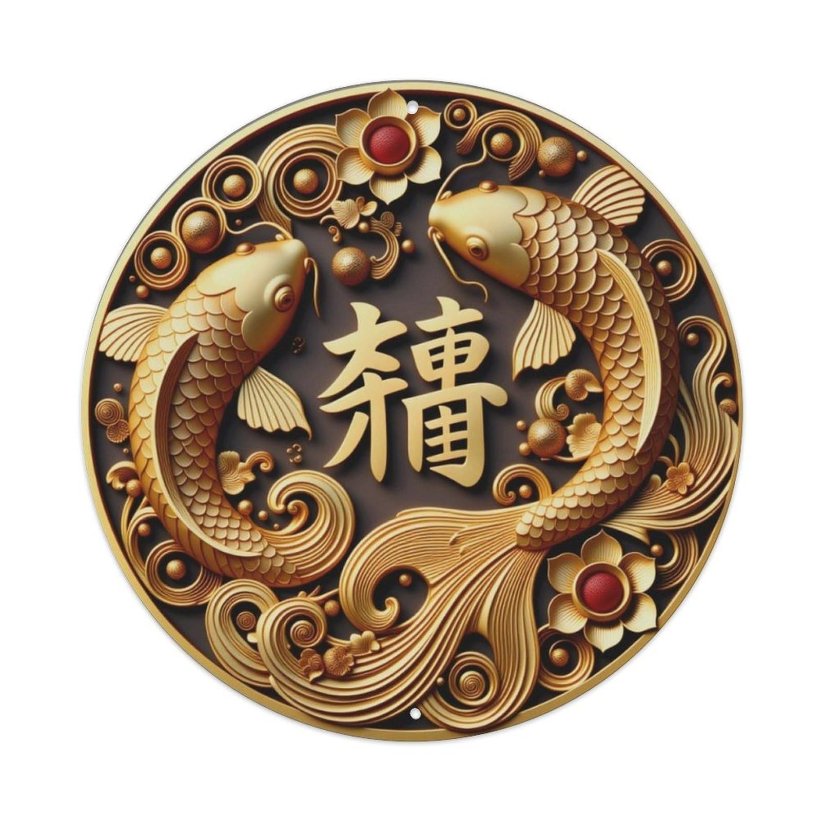 3D Golden Double Koi Fish Chinese Lucky Round Decor Sign Vintage Aluminium Metal Sign, Retro Wall Decor for Home, Bar, Garage & Farmhouse 20x20cm