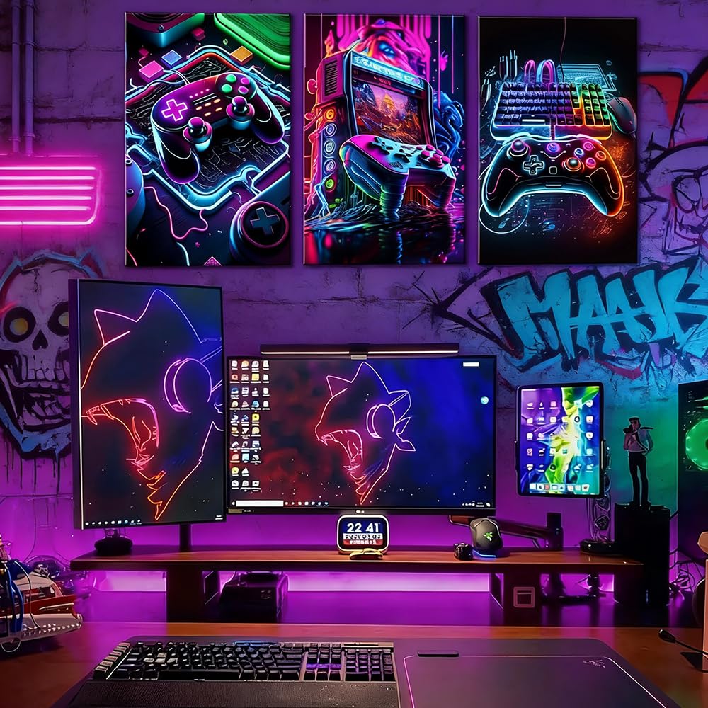 3 Estampes D'art Mural Affiche Manette de Jeu Vidéo Néon Poster Gaming 30x40 cm Sans Cadre
