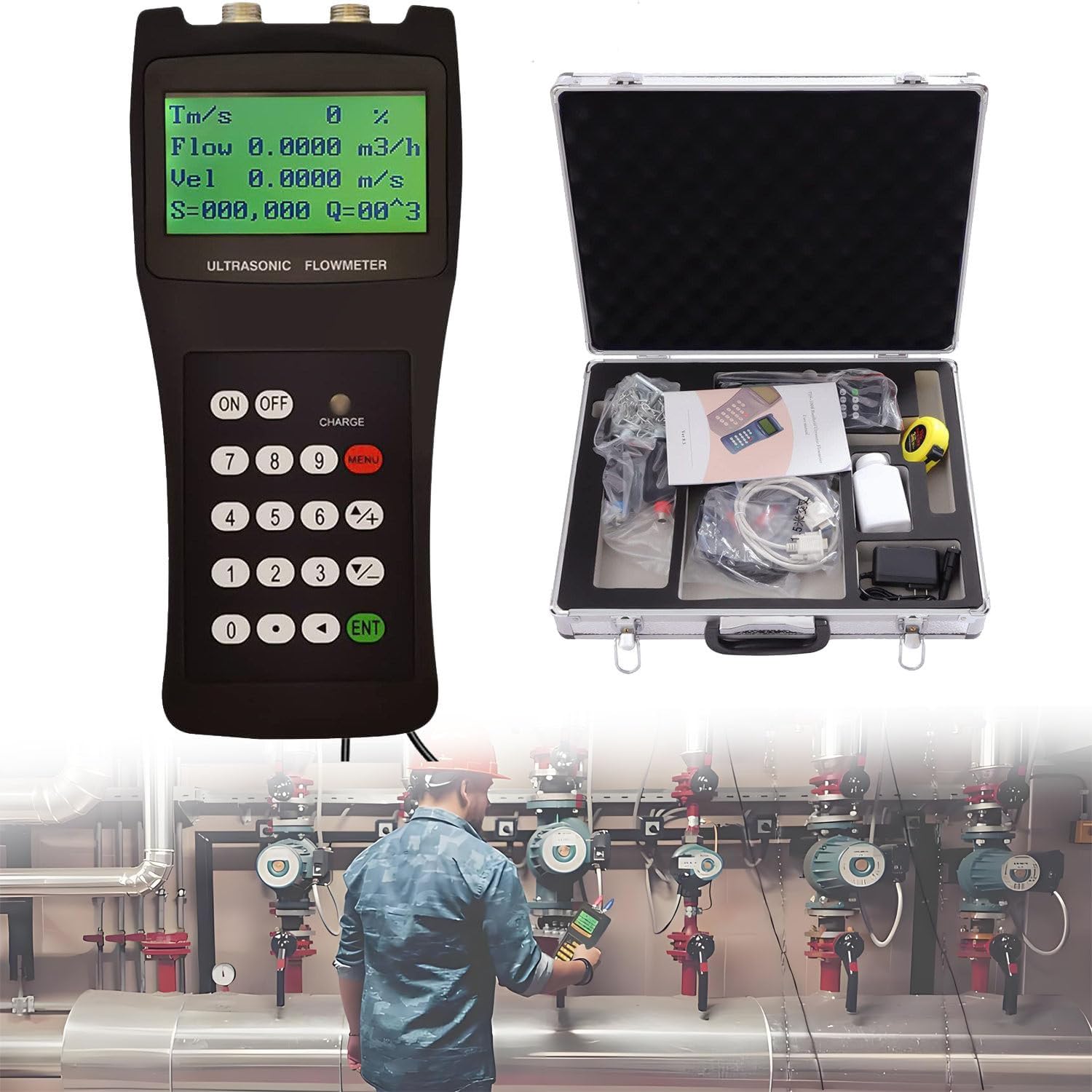 GLBMXDD Handheld Digital Flow Meter, Portable Liquid Flowmeter,Water Flow meter with Clamp On Sensor,Flow Rate Range: ±32m/S (±104ft/S), for production monitoring,temporary detection L1(DN300-6000)