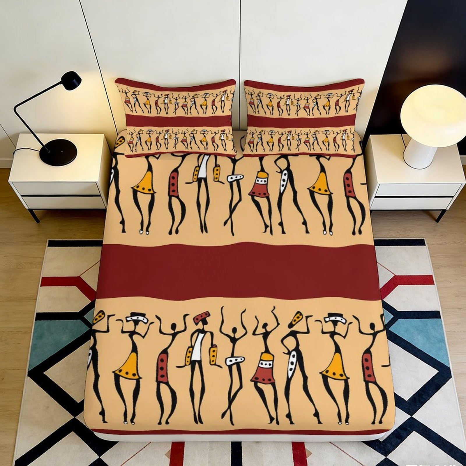 3D Printed African Tribal Art Fitted Sheet Microfiber Soft Colorful Ethnic Bed Cover for Bedroom Guest Room Mattress Decor 90x200x25cm
