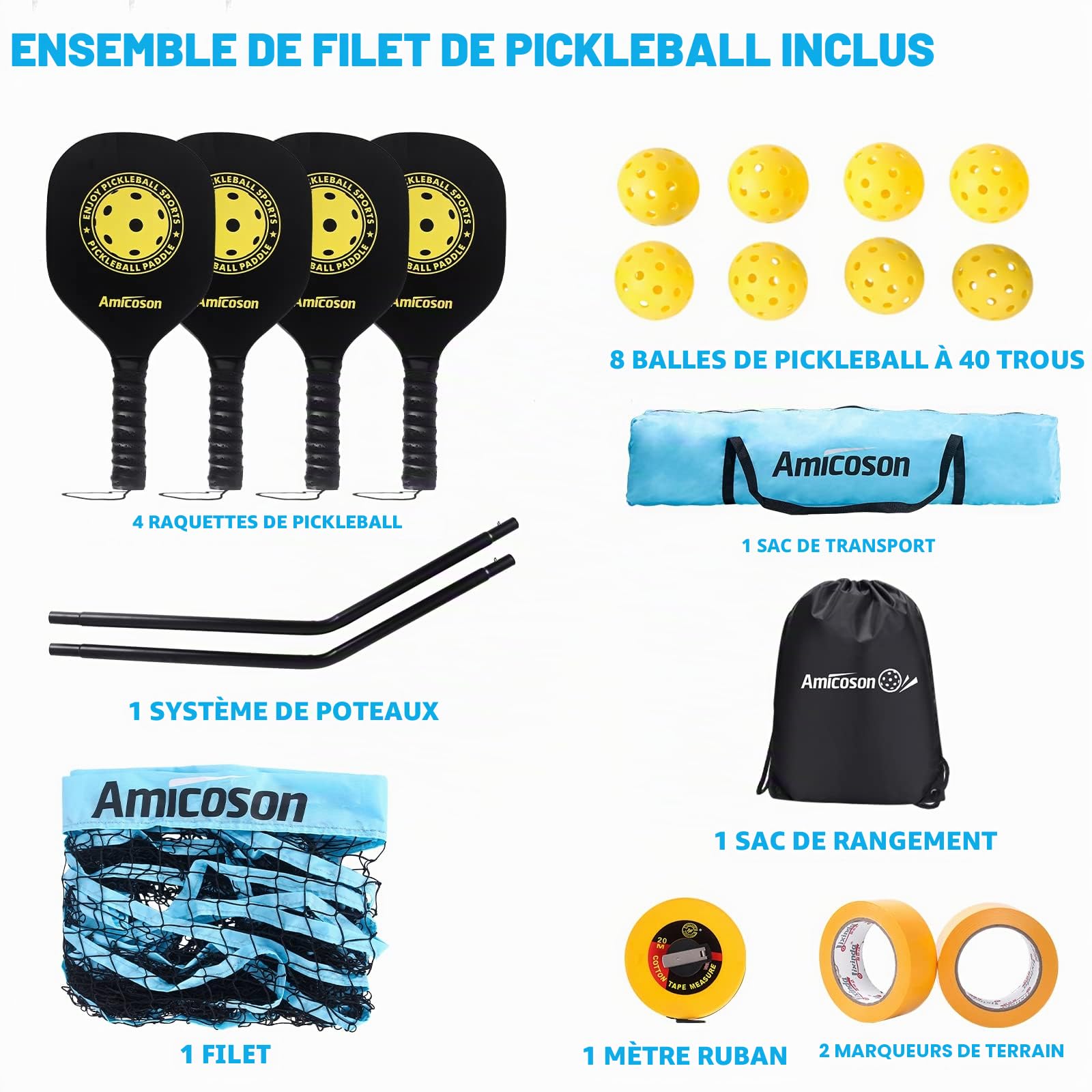 Amicoson Filet de Pickleball Set, 22FT Filet de Pickleball en bois pour l'extérieur avec 4 raquettes de en bois, 8 balles, 1 sac de transport, 1 sac à dos, 2 rouleaux de ruban