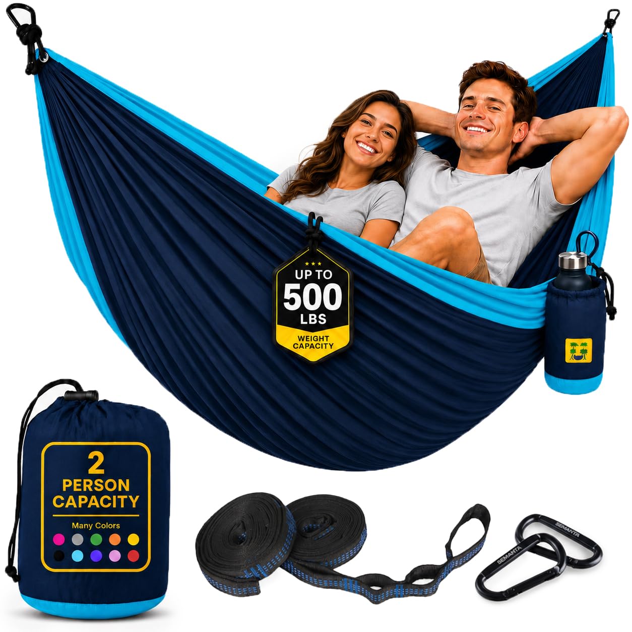 Durable Hammock 500 lb Capacity, Nylon Camping Hammock Chair - Double or Single Sizes w/Tree Straps and Attached Carry Bag - Portable for Travel/Backpacking/Beach/Backyard (Large, Blue & Light Blue) — image 1