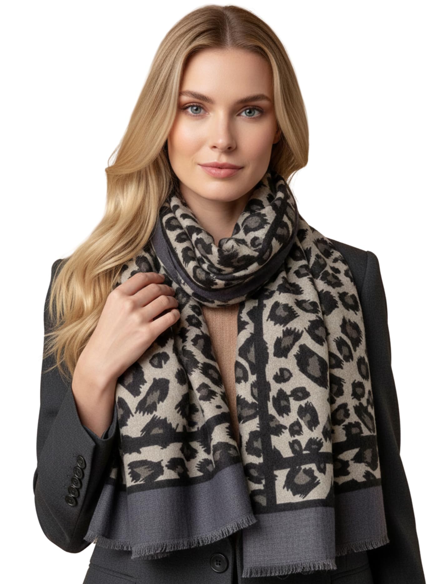 The Accessory Co. Women's Stripe Border: Grey Animal Leopard Print Scarf - Scarves With Stripe, Leopard Print Gifts, Pashmina Shawl, Long Winter Wrap Wearable Blanket, Neck Scarf Shawl Scarfs (Stripe Border: Grey)
