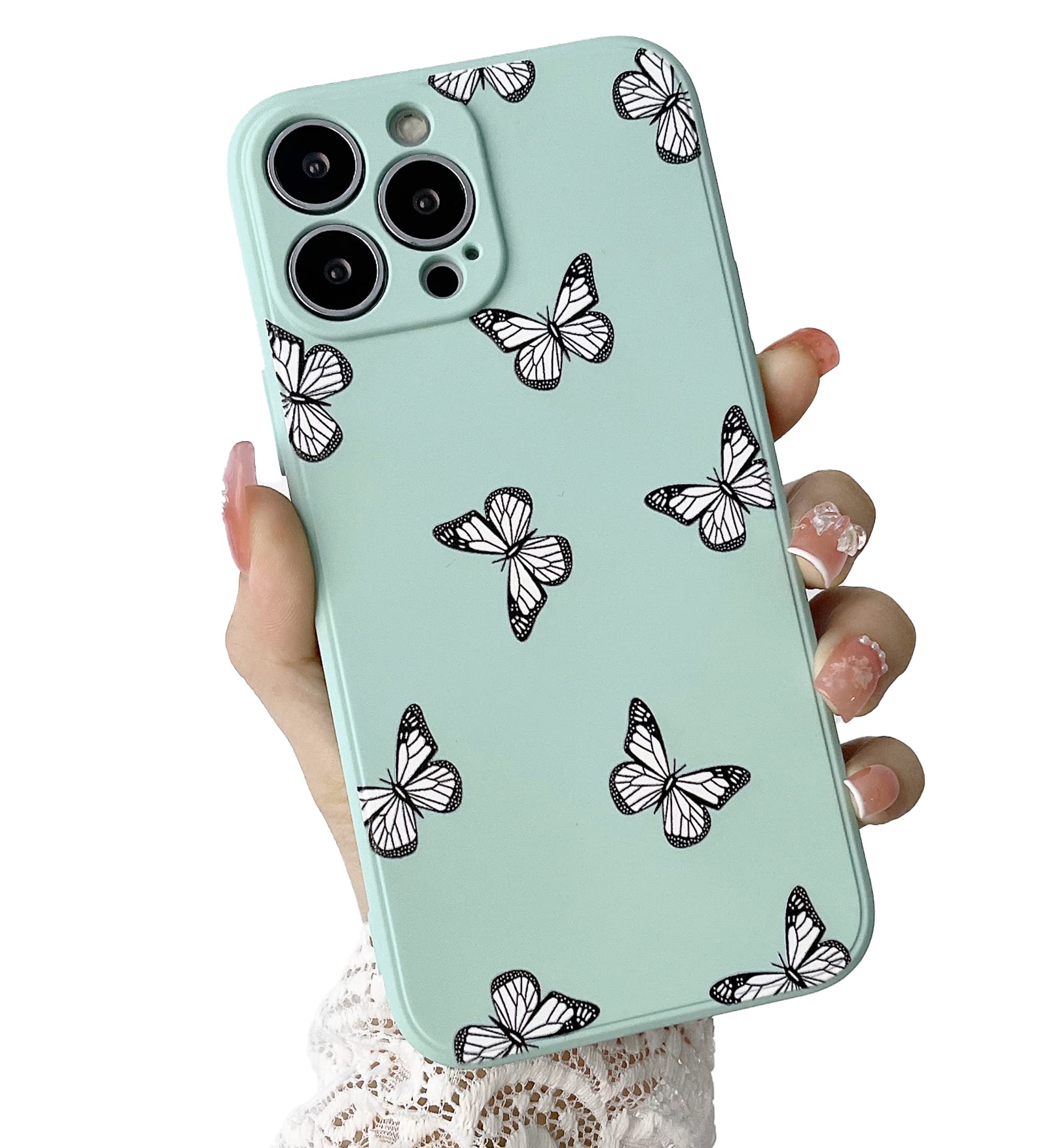 YIKUSO Compatible with iPhone 13 Pro Max Case Liquid Silicone Gel Rubber Phone Cases, Cover 6.7 Inch Full Body Protective Case Cute for Women Kawaii Butterfly(Pale Cyan)