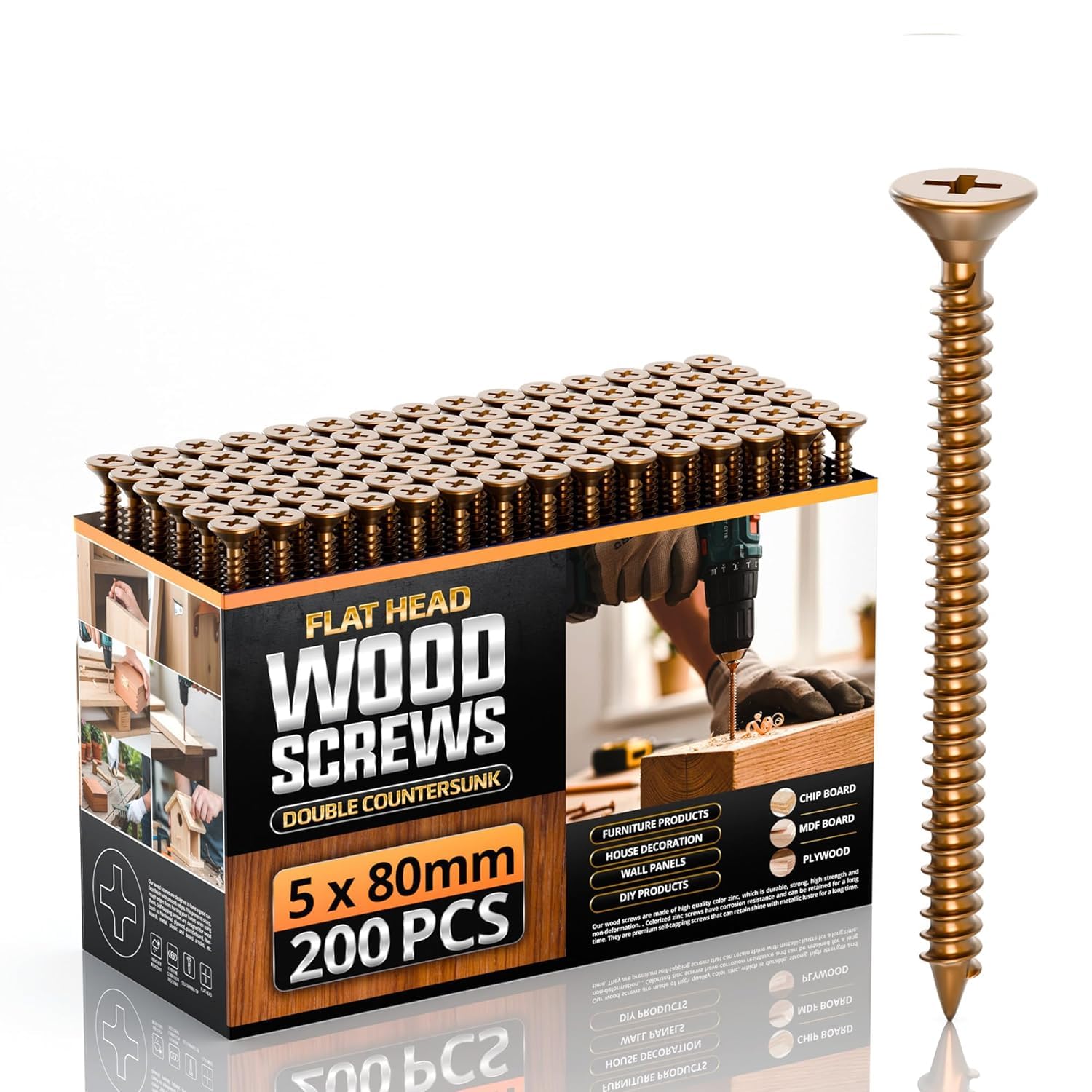 200Pcs 5 x 80mm Wood Screws Countersunk Self Tapping Wood Screws Assortment, Multi-Purpose Wood Screws for Furniture, Carpentry & DIY Projects