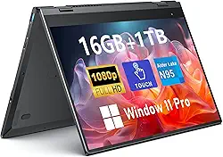 FUNYET Laptop com tela sensível ao toque, laptop para jogos 2 em 1 de 14 polegadas, processador N100, 16 GB RAM 1 TB SSD, 1920 x 1080, desbloqueio de impressão digital, teclado retroiluminado, Wi-Fi 6