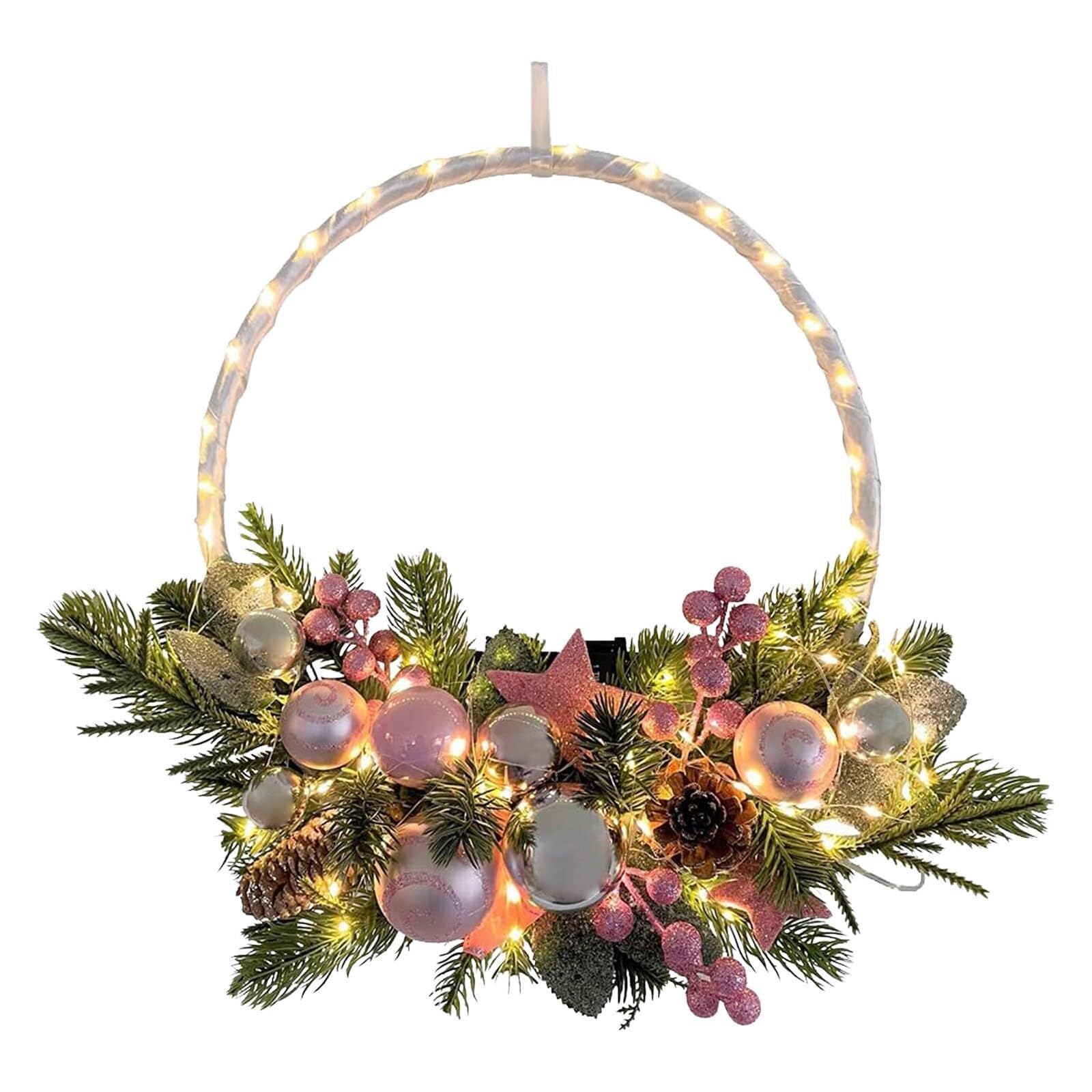 Decoración de Navidad para puerta con guirnalda de piñas LED de color blanco cálido para puerta de pared, 30 cm, color rosa