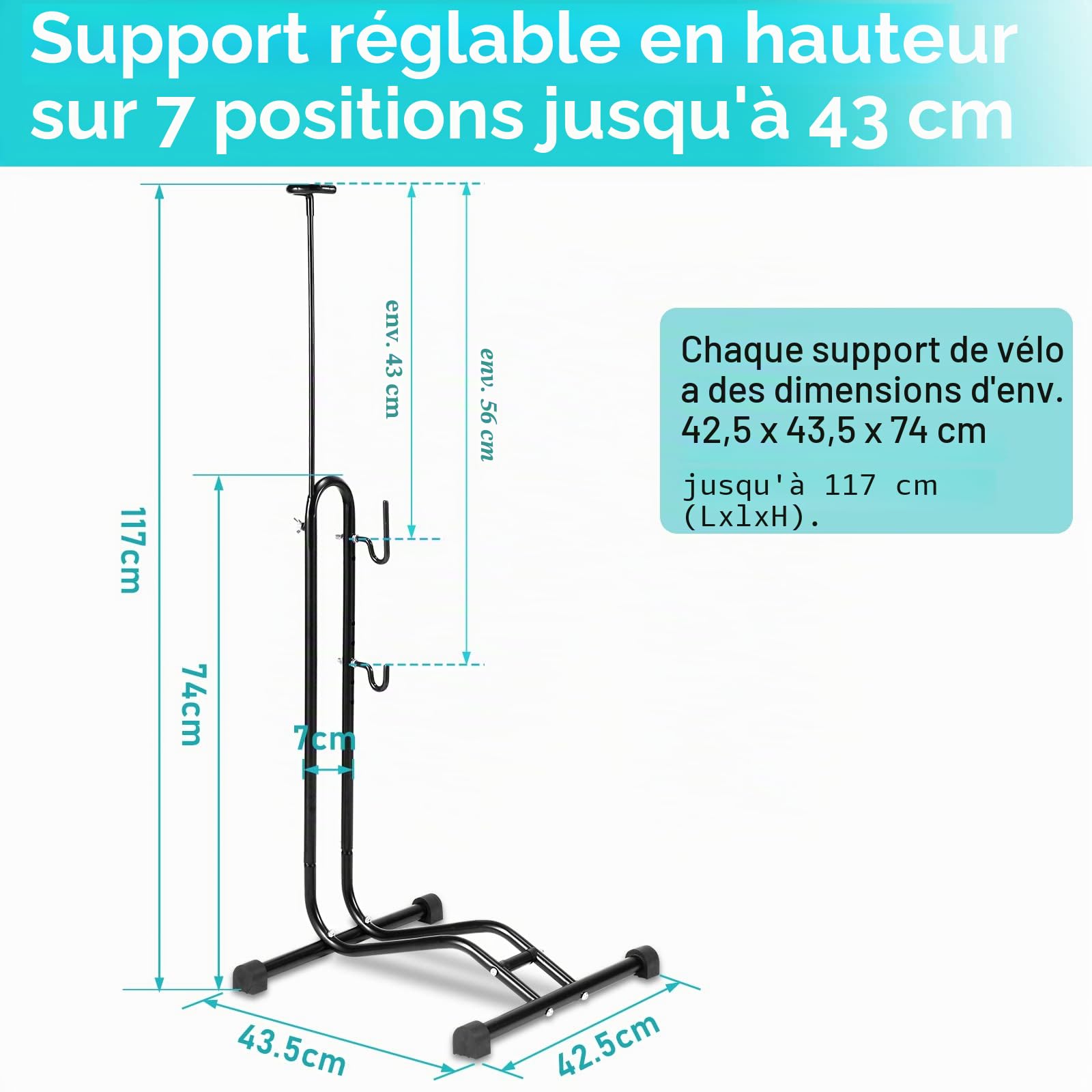 Lot de 2 supports de vélo de 20 à 29 pouces pour vélo, Support de sol vertical pour vélos, pour accrocher ou régler horizontalement et verticalement, Hauteur réglable, 20 à 29 pouces