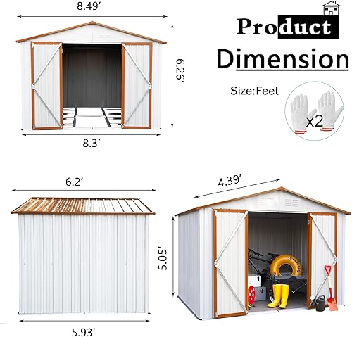Miniatura 5 de Rophefx Cobertizo de almacenamiento de metal al aire libre de 8 x 6 pies con marco de suelo, cobertizo de herramientas impermeable exterior con 3