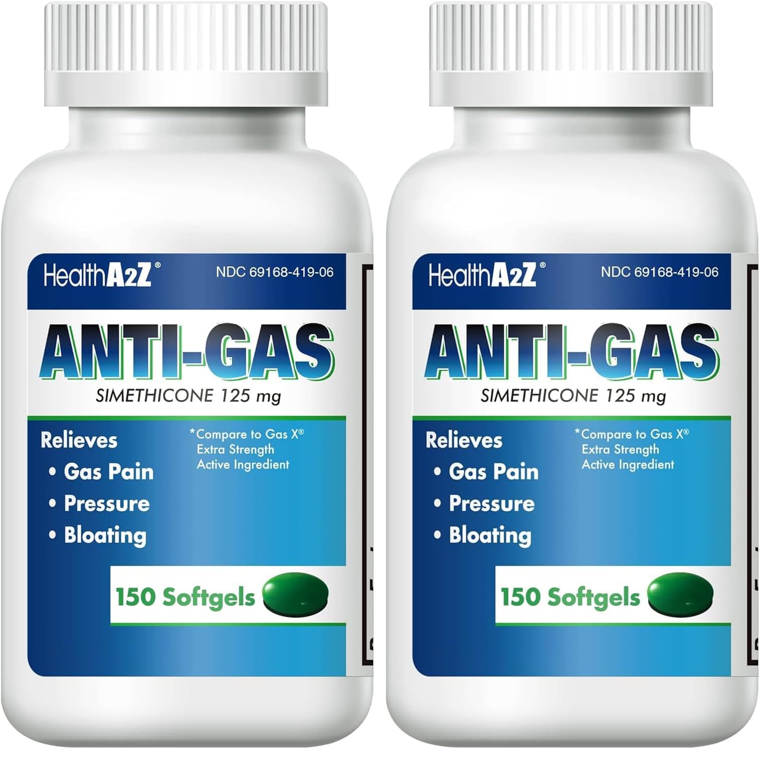 HealthA2Z® Gas Relief Simethicone 125mg, Relieves from Stomach Discomfort and Gas, Anti Flatulence, Relieves Gas Fast and Bloating, 150 Counts (Pack of 2)