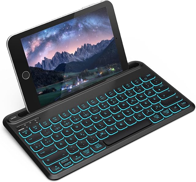 ASHU Bluetooth Backlight Keyboard, 7-color Multi-device Wireless Illuminated Keyboard UK QWERTY with Built-in Holder for PC/Laptop/Tablet/iPad/Mobile Phone, Windows/Android/iOS/Mac OS, Black