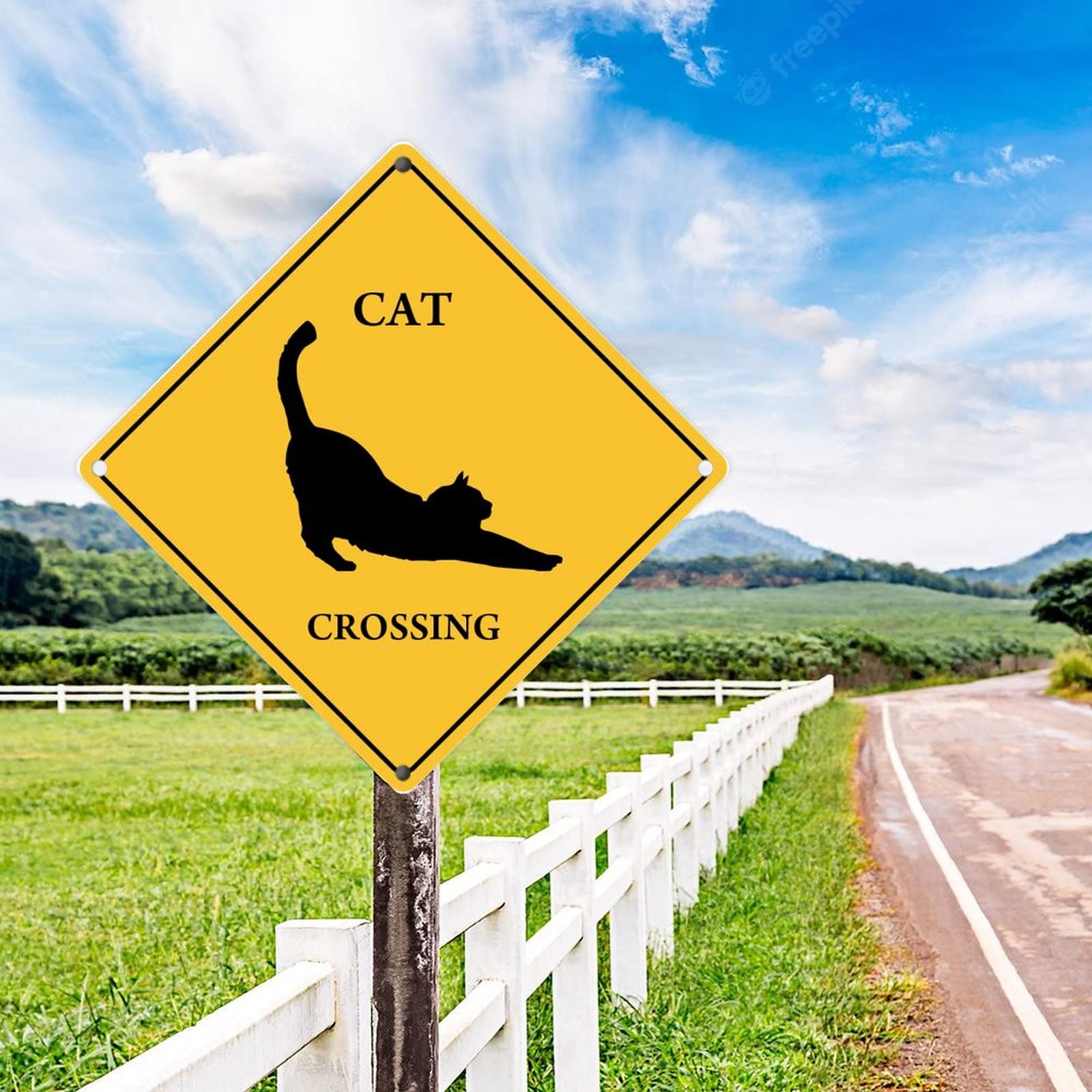 Cat Crossing Sign – Novelty Aluminum Metal – 12x12 Yellow Diamond – Weatherproof