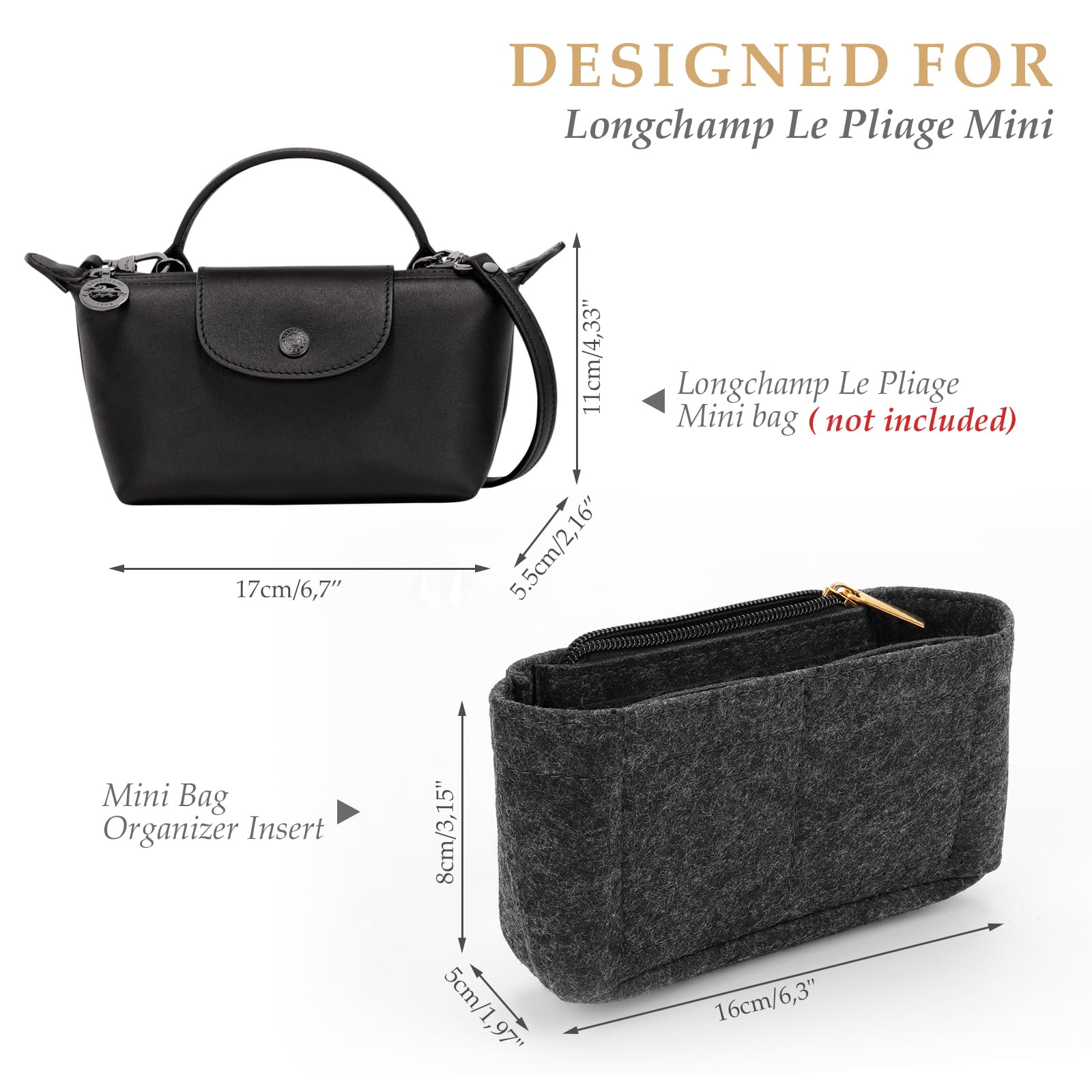 Organizer do torebki Longchamp Le Pliage, z filcu, z wielofunkcyjnymi kieszeniami, duża pojemność, Ciemnoszary mini