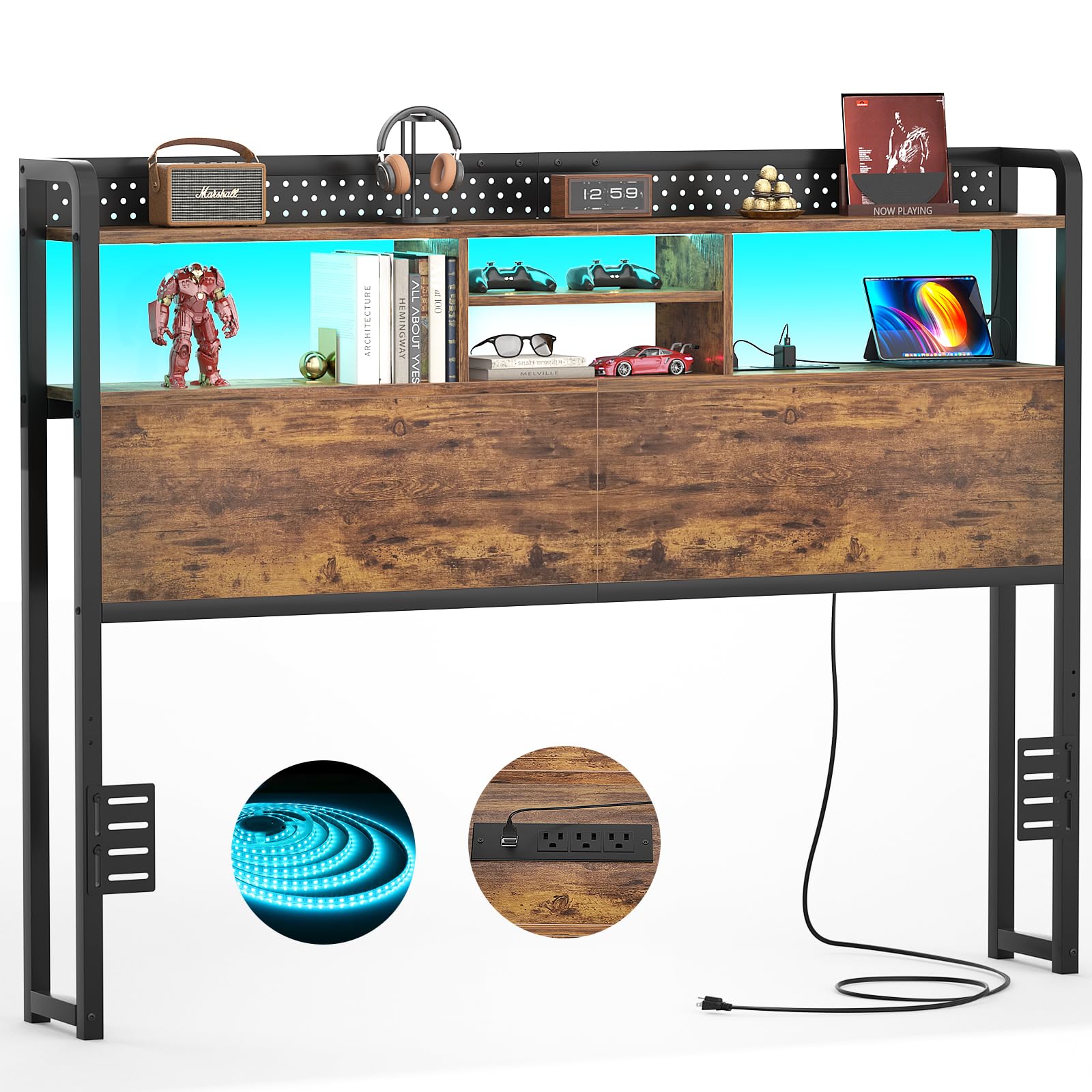 Unikito Headboard for Queen Size Bed with Storage Shelf, Head Board with 3 Outlets and 2 USB Ports, Headboards with RGB LED Light, Height Adjustable,