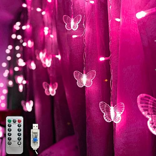 Miniatura 1 de Cortina de mariposa con enchufe USB, 8 modos, 120 luces LED de 19.7 pies con control remoto, alambre de cobre impermeable para dormitorio, patio,