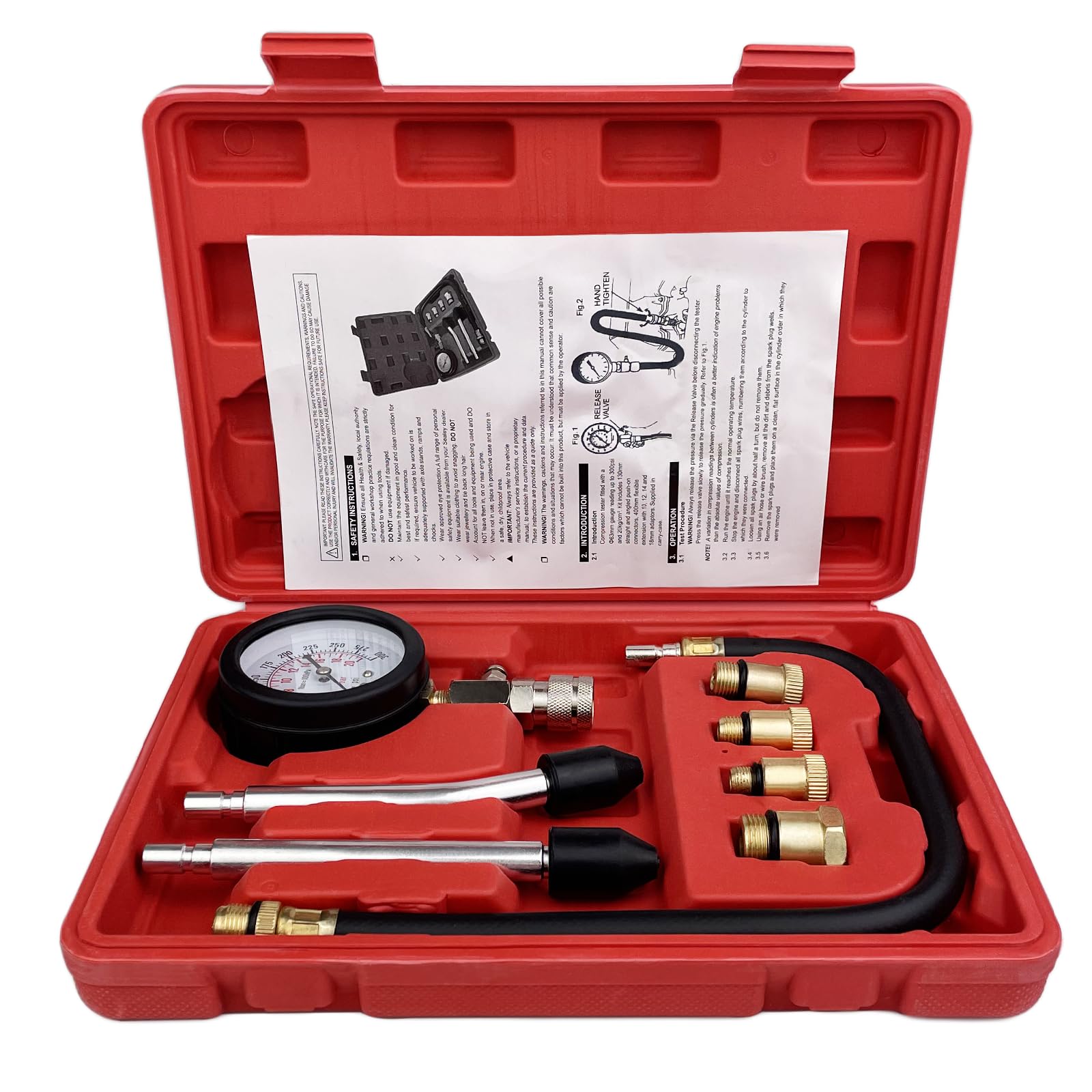Comprobador de Compresión para Motores, Medidor de Compresión de Gasolina, Kit De Herramienta, 0-20 Bar, 0-300 PSI con 4 Adaptador M10, M12, M14, M18 para Motores Diésel de Gasolina