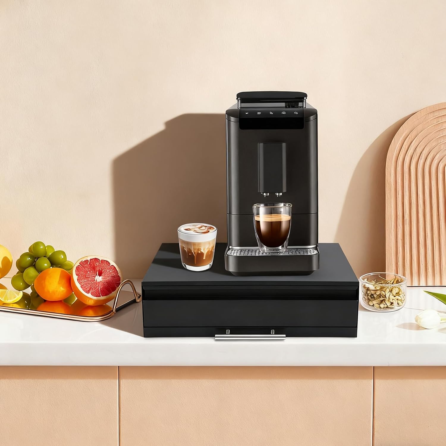 Steel Microwave Stand with Pull-Out Shelf & Drawer | Countertop Organizer for Compact Microwaves, Coffee Machine & Kitchen Appliances Storage (Black+Drawer+Shelf)