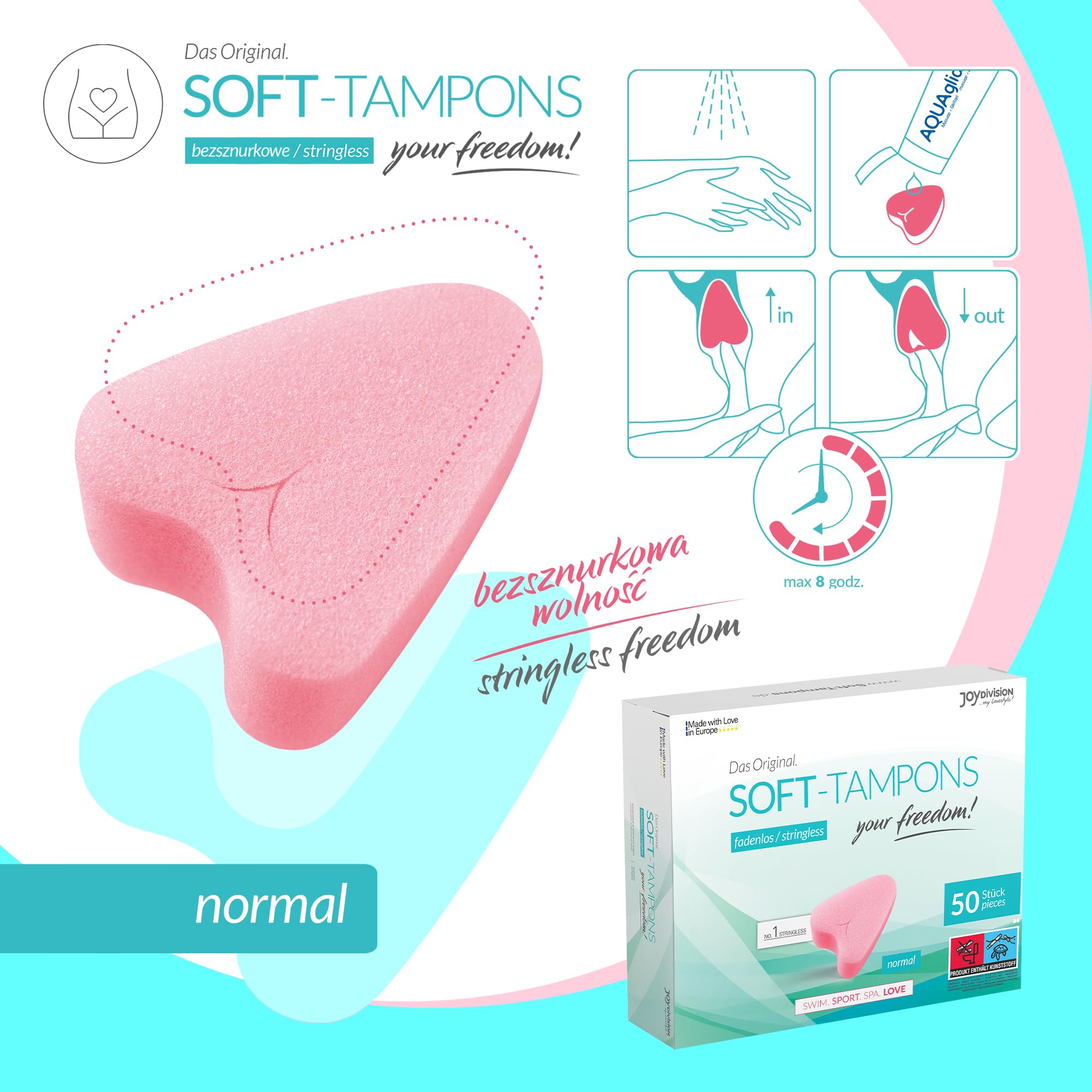 JOYDIVISION Soft-Tampons normal I 50 sztuk I Tampony bez sznurka do sportu, pływania i Spa I Gąbeczka menstruacyjna ultra soft I Łatwe wprowadzanie i usuwanie I Miękki tampon bez sznurka