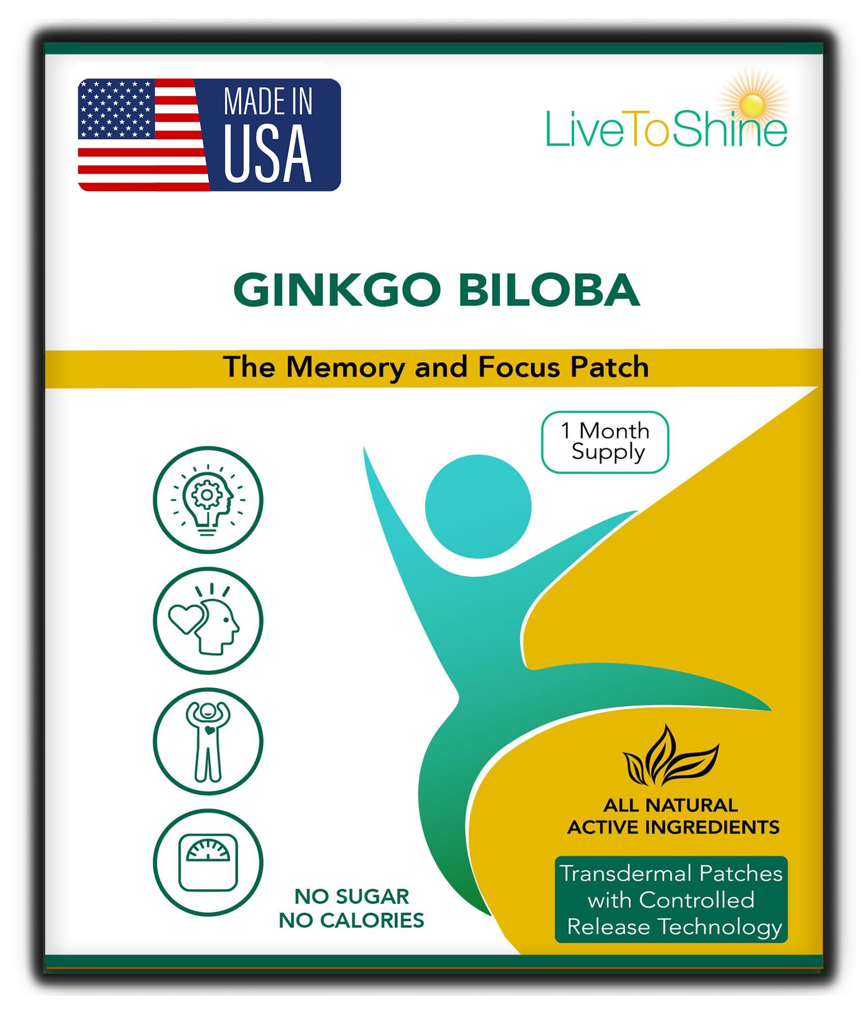 Live To Shine Ginkgo Biloba Patch - 30 Gingko Transdermal Patches - One Month Supply for Women and Men - USA Made