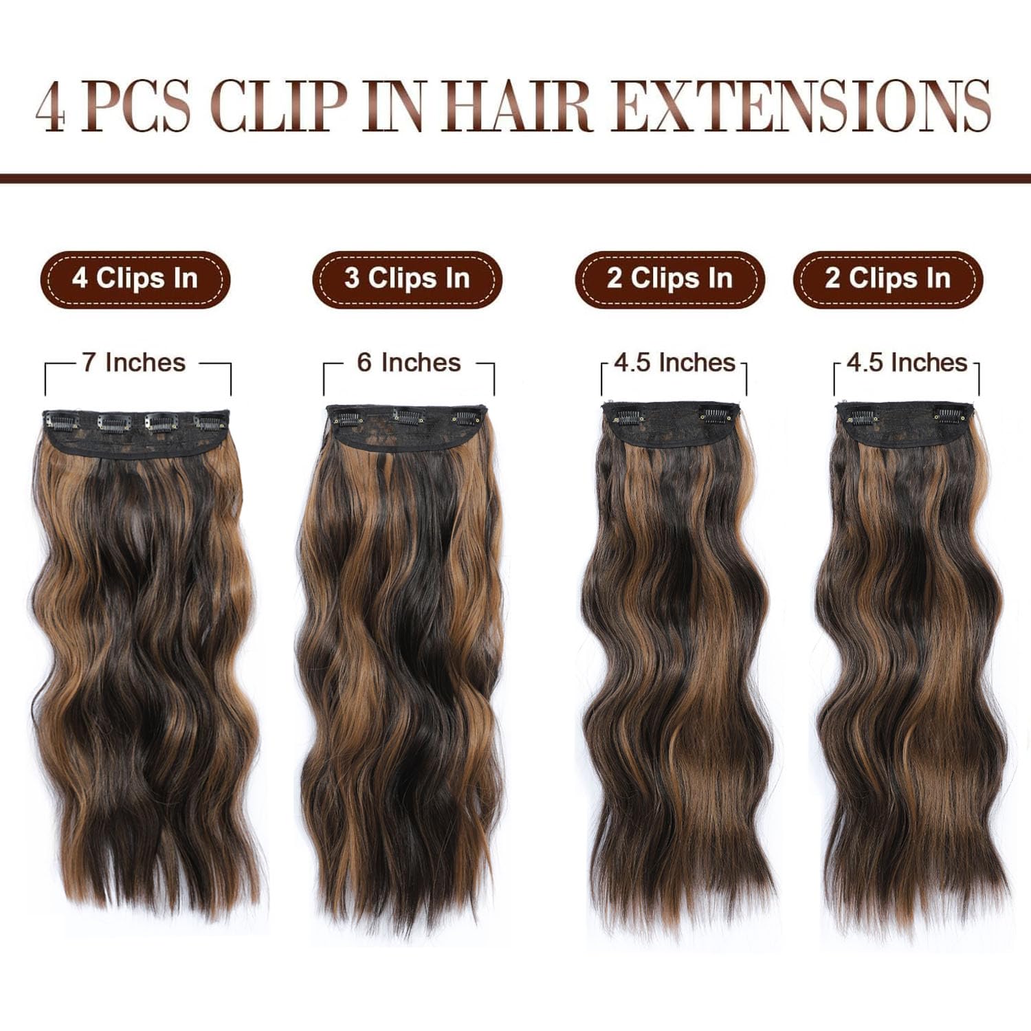 Hair Extensions Clip in 4PCS Dark Brown Mix Highlights 20Inch Hair Extension Long Wavy Full Head Clip in Hair Extension Synthetic Fiber Hair Pieces for Women - Image 2