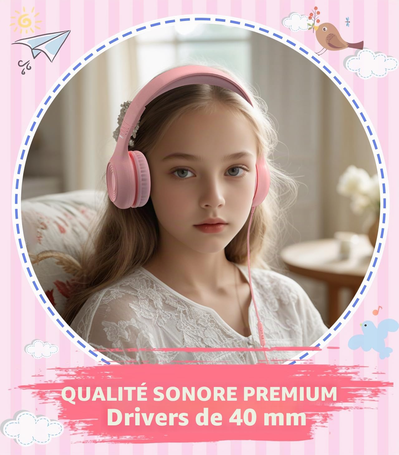 Casque filaire USB de type C pour enfants avec microphone pour garçons et filles, volume limité de 85 dB/94 dB réglable (rose)