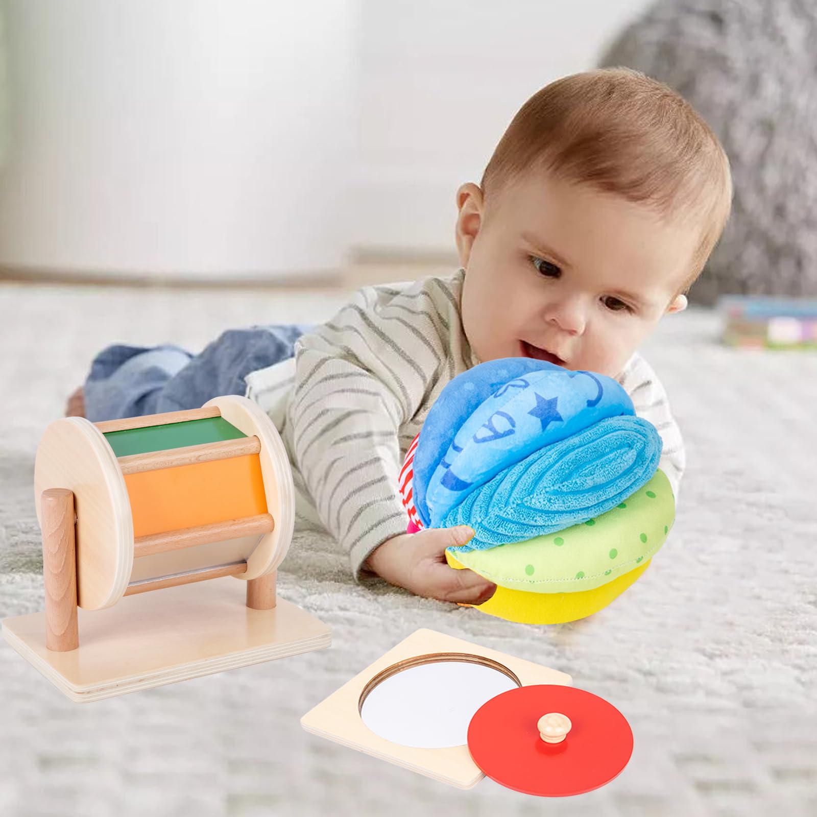 Montessori Baby Toys Play Kit Montessori Mirror Peekaboo Knob Puzzle, Medium Spinning Drum and Rainbow Fabric Ball Kit Toys for 6-12Months Toddler (Play Kit 1)