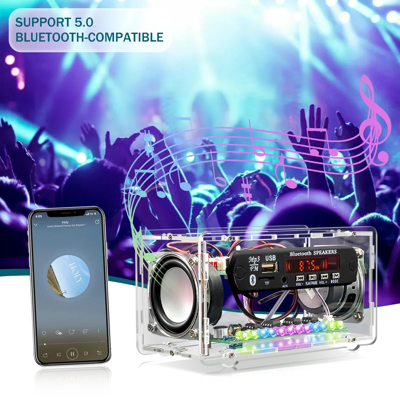 Kit di pratica di saldatura, kit radio FM, kit di altoparlanti Bluetooth fai da te, kit di progetti elettronici per adulti, mini kit amplificatore audio domestico con display digitale (trasparente)