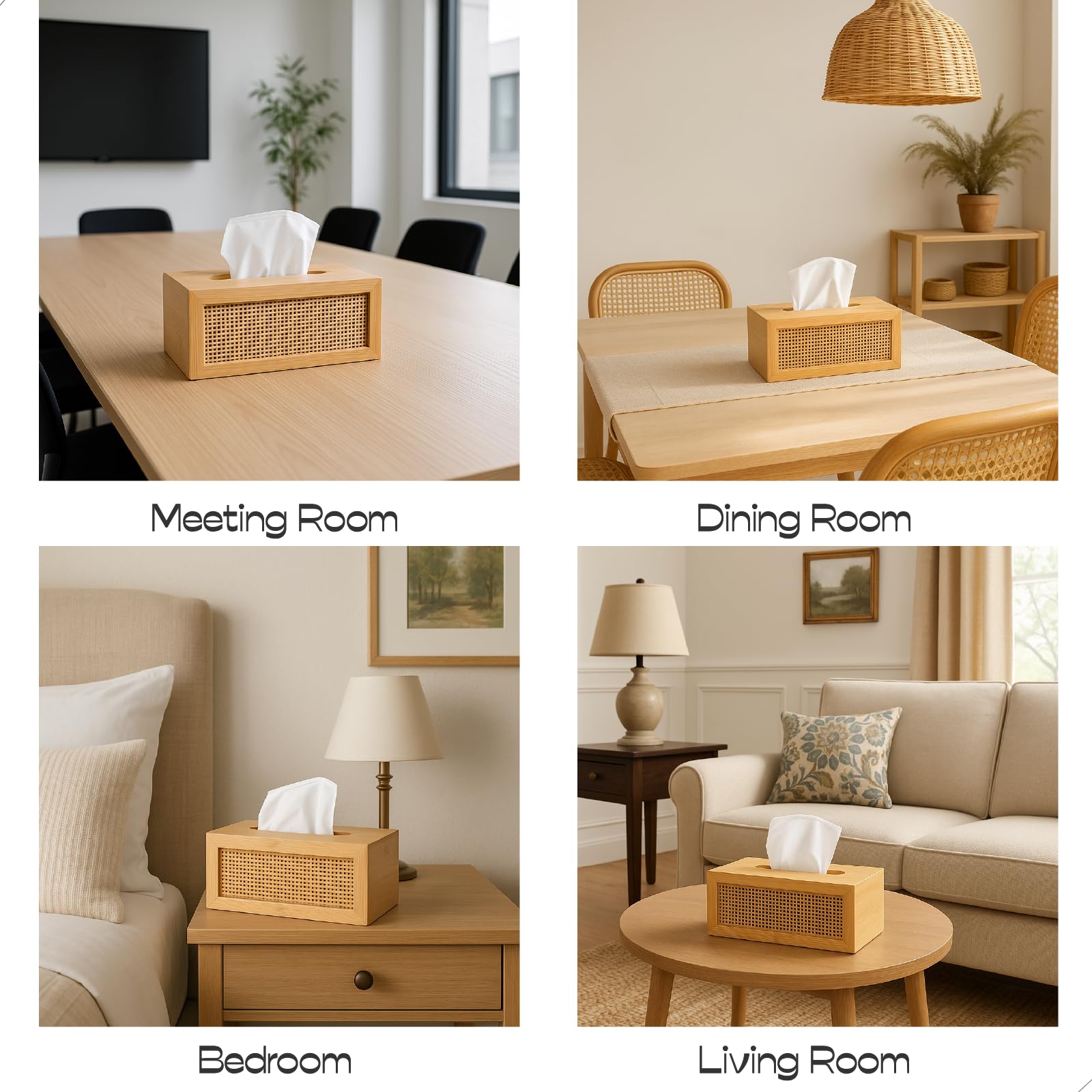 Lot de 2 grandes boîtes à mouchoirs rectangulaires en bambou naturel pour salle de bain, salon, chambre à coucher, bureau