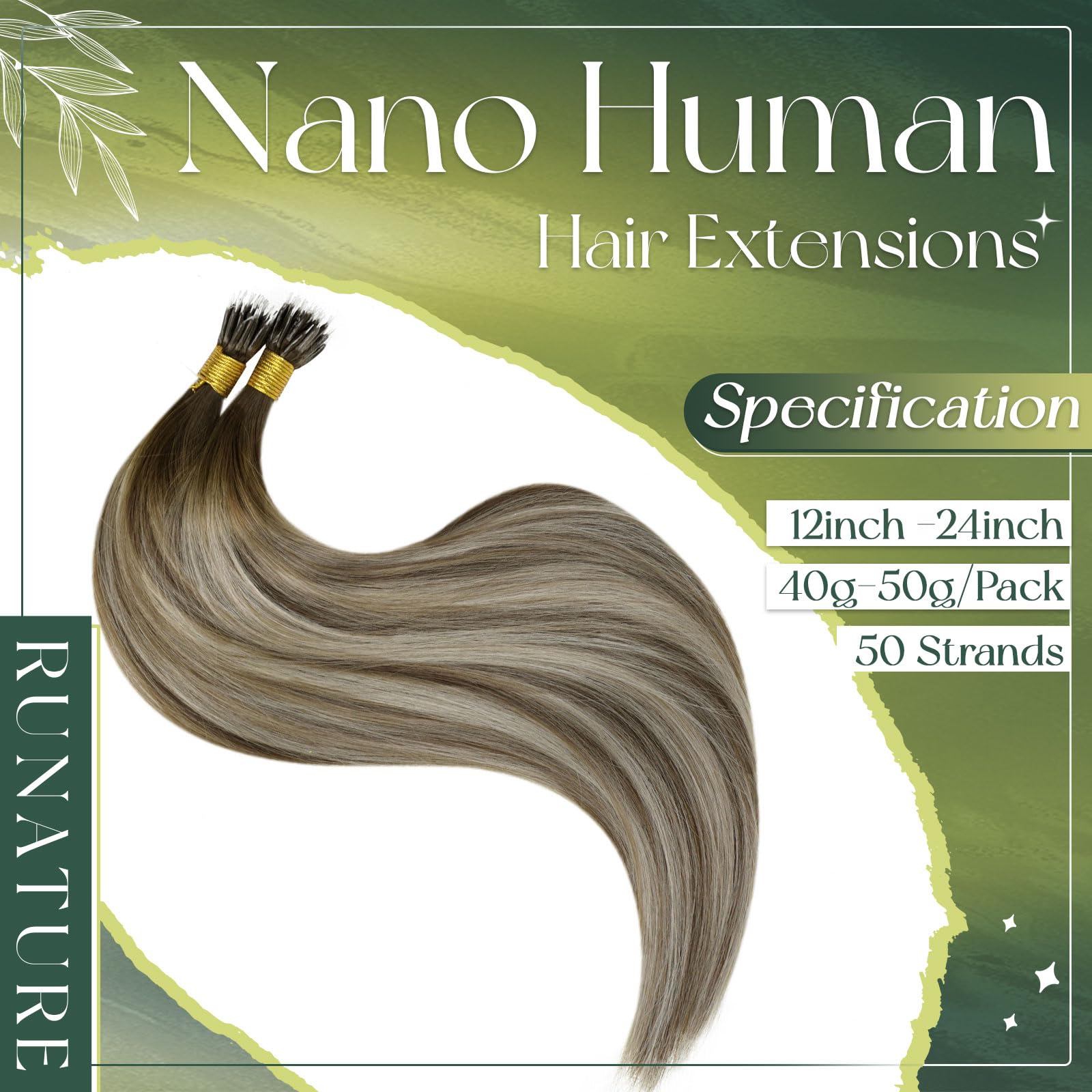 RUNATURE 22 Inch Nano Hair Extensions Real Human Hair Brown Nano Beads Hair Extensions Human Hair Balayage Light Brown to Medium Blonde Invisible Nano Rings Straight Remy Hair 50g 50s #3/8/22 - Image 2