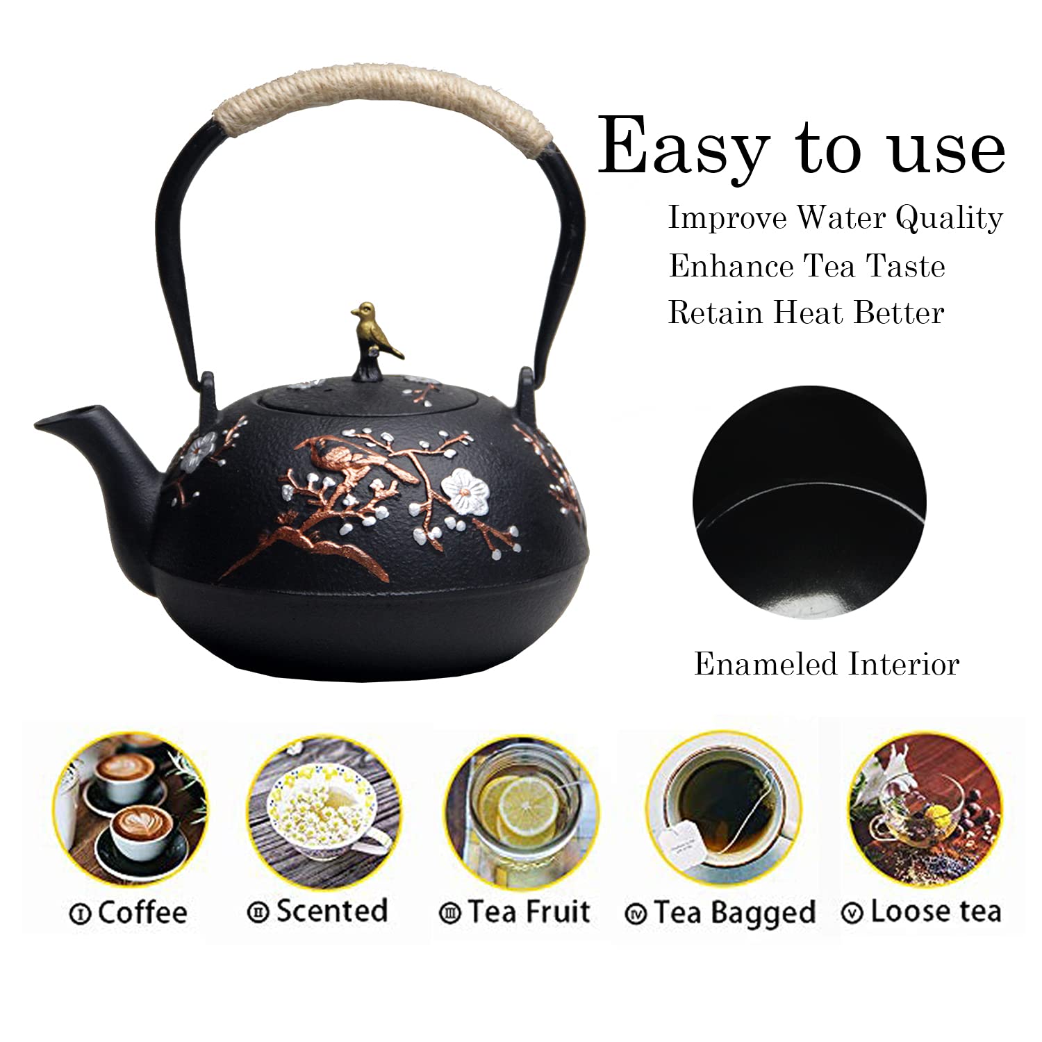 Tetera de hierro fundido SECHUDO para estufa, cubierta segura con interior esmaltado, hermosa tetera japonesa con infusor de acero inoxidable para té suelto (40 onzas/1200 ml)