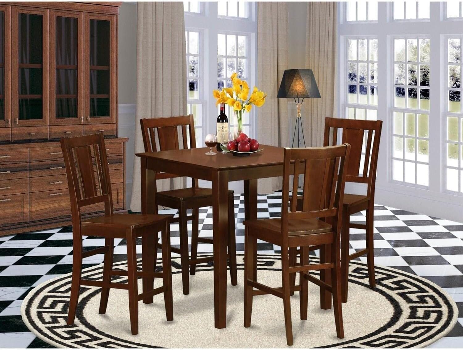 5-Piece Counter Height Square Dining Set, Mahogany Finish, 36" Square Table with 4 Counter Height Stools with Wood Seats, 144 lbs