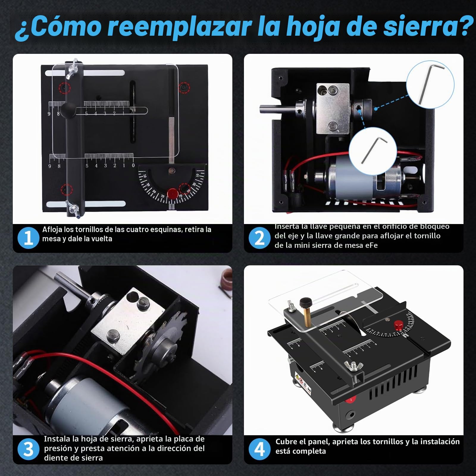 Mini sierra de mesa multifuncional, sierra eléctrica de escritorio de 100 W, ángulo ajustable de 0°-90°, profundidad de corte de 16 mm, fuente de alimentación ajustable de siete velocidades, adecuada