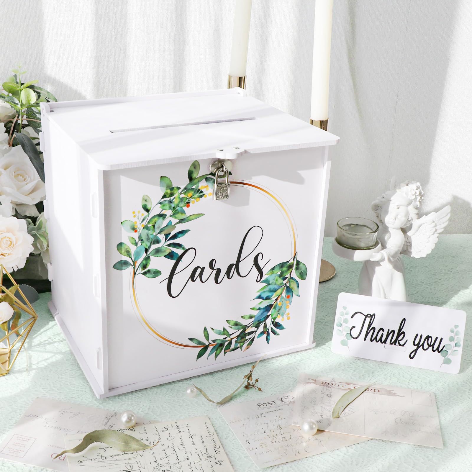 Scatola per carte di credito, in PVC con lucchetto, 25 x 25 x 21 cm, per matrimonio, per ricevimenti di nozze, feste, lauree, feste di compleanno, ecc. Bianco