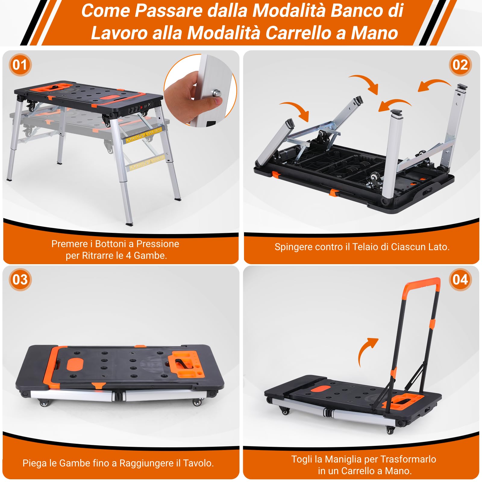 TLGREEN 7 in 1 Banco da Lavoro Pieghevole, Tavolo da Lavoro Portatile, Piattaforma di Lavoro Regolabile in Altezza, Carrello da Trasporto, Carrello a Mano con 4 pcs Rotella, per Domestico, DIY, Garage