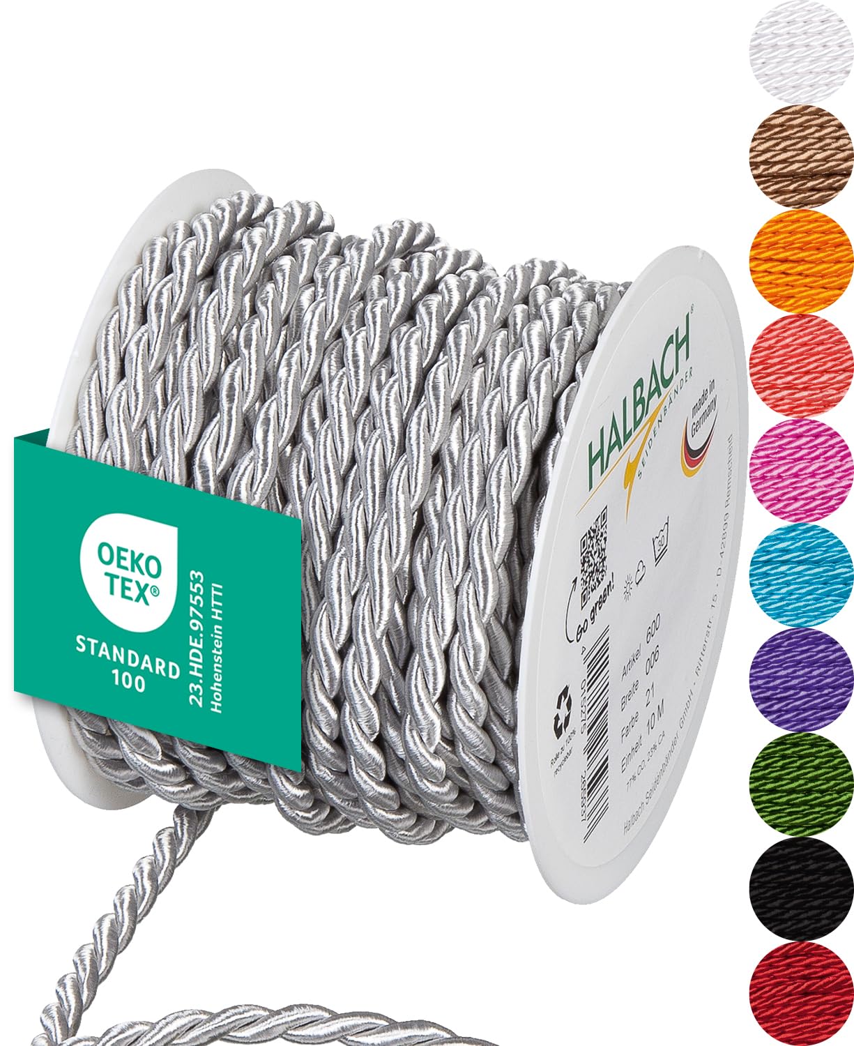 Halbach Seidenbänder Premium Cord (Light Grey), Lightgrey, 6 mm