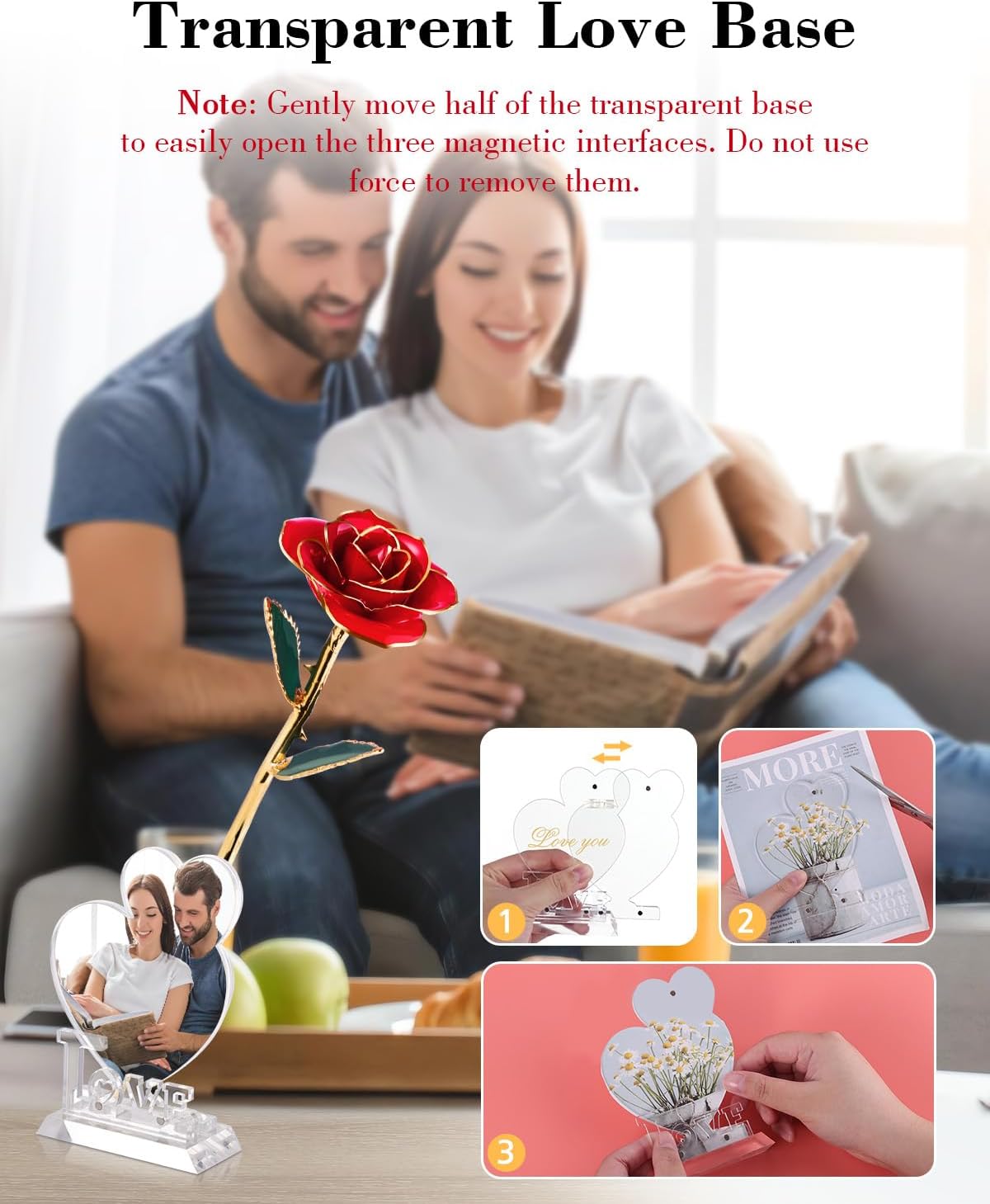 24K Gold Dipped Real Rose, Valentines Day Romantic Gift for Her, Eternal Preserved Red Forever Rose with Love Heart Stand, Anniversary Birthday Mothers Day Best Gift for Women Mom Wife Girlfriend - Image 3