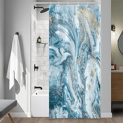 Miniatura 1 de Cortina de ducha de baño de mármol verde azulado, textura abstracta, cortina de baño de arena dorada con ganchos, cortinas de ducha de tela de