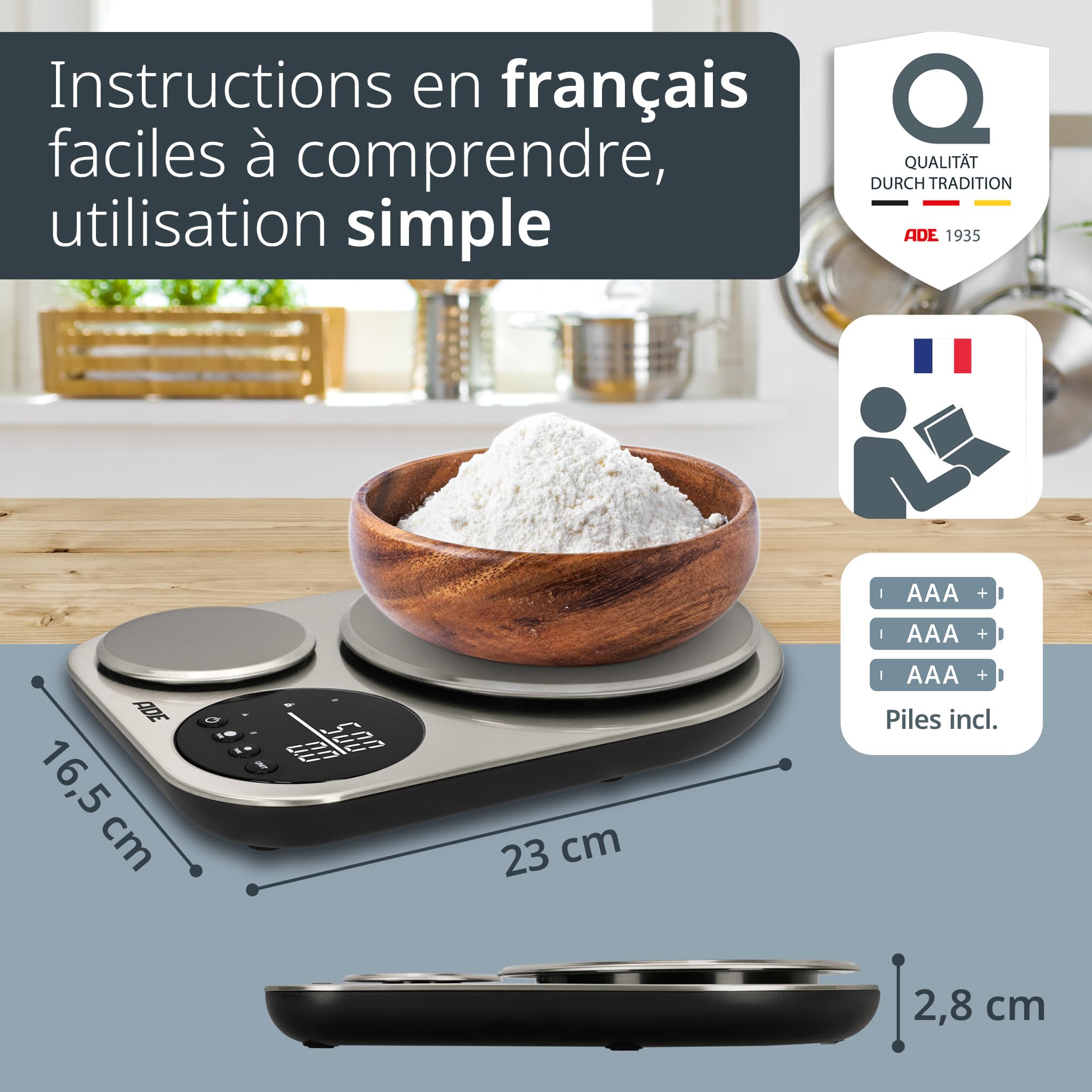 ADE Balance de cuisine electronique avec 2 plateformes 5kg/1g & 500g/0,1g | balance de précision à 0,1g près pour la cuisine | capacité de charge de 5 kg