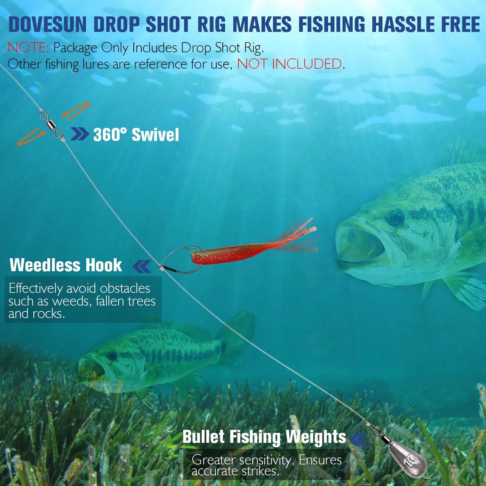 Lot De 8 Montures Drop Shot Dovesun – Hameçons 1/0 & 2/0, Plombs 7g & 11g, Ligne Fluoro 19,5 Cm, Anti-herbe, Prémontées – Pêche Bass